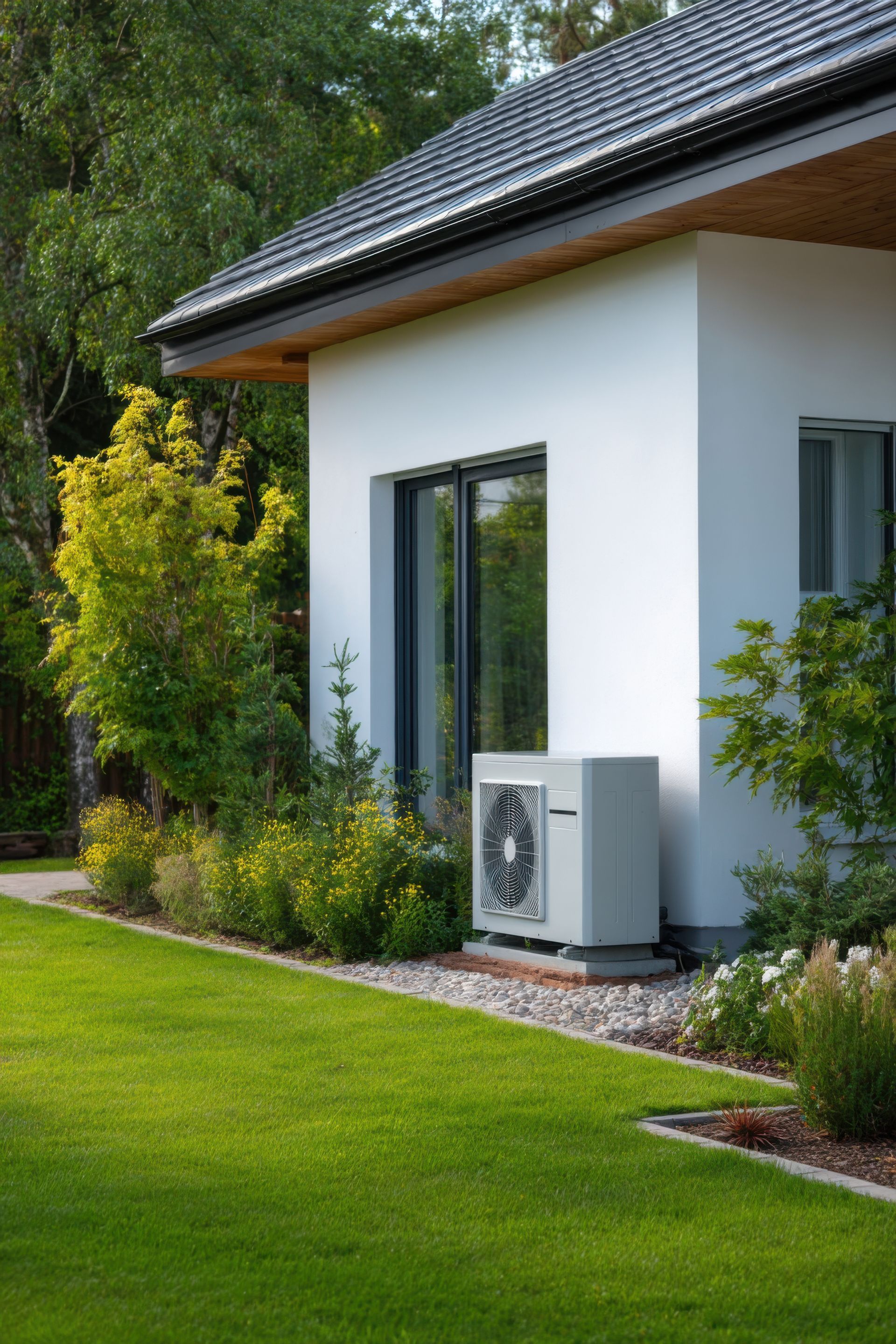 Unité de pompe à chaleur à côté d'une maison blanche avec une pelouse et un jardin verts.