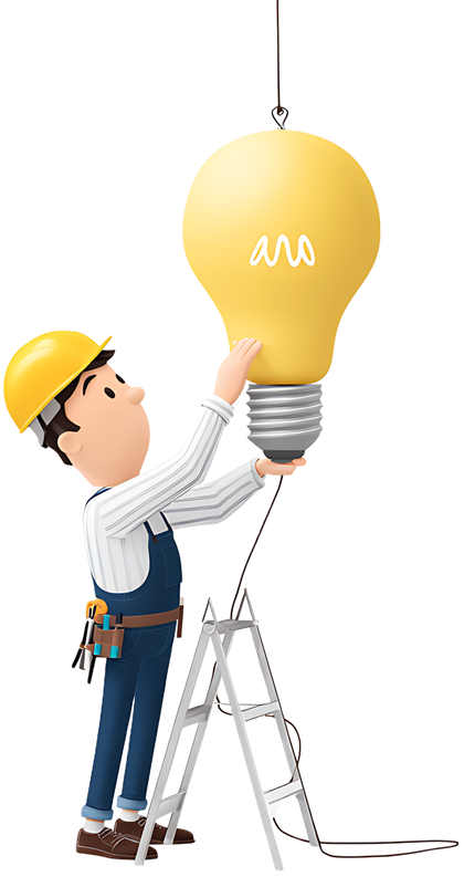 Un électricien sur une échelle installe une ampoule géante.