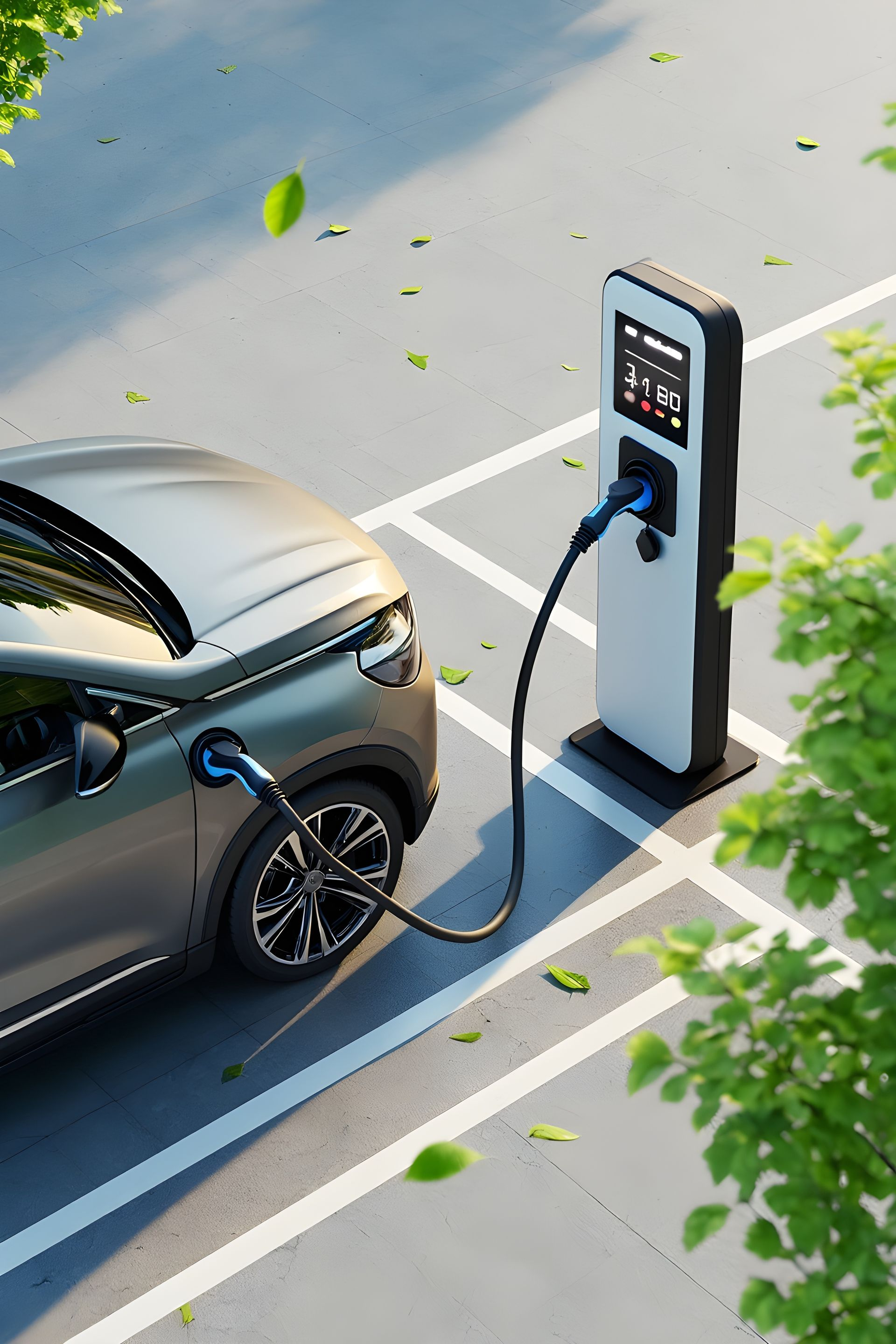 Véhicule électrique en charge à une borne sur un parking ; des feuilles vertes dansent dans l'air.