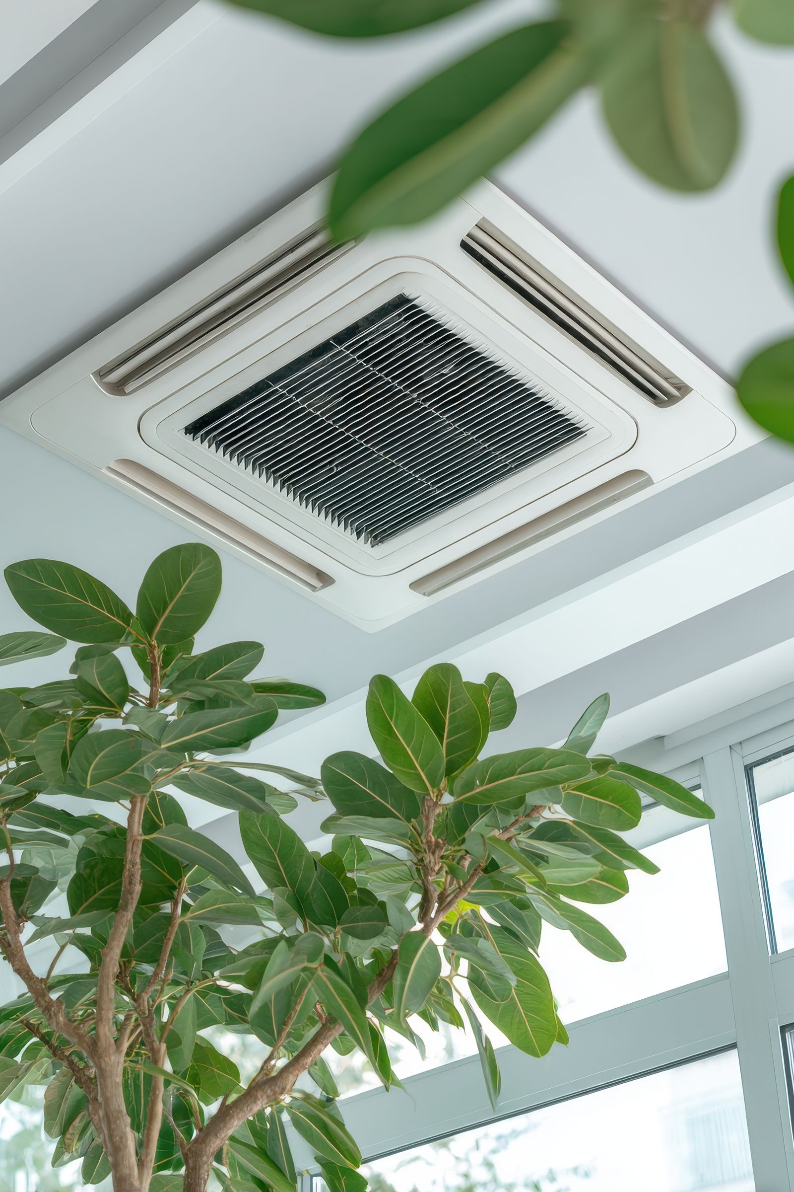 Unité de climatisation fixée au plafond, avec grille centrale et panneaux blancs environnants, flanquée de plantes vertes feuillues.