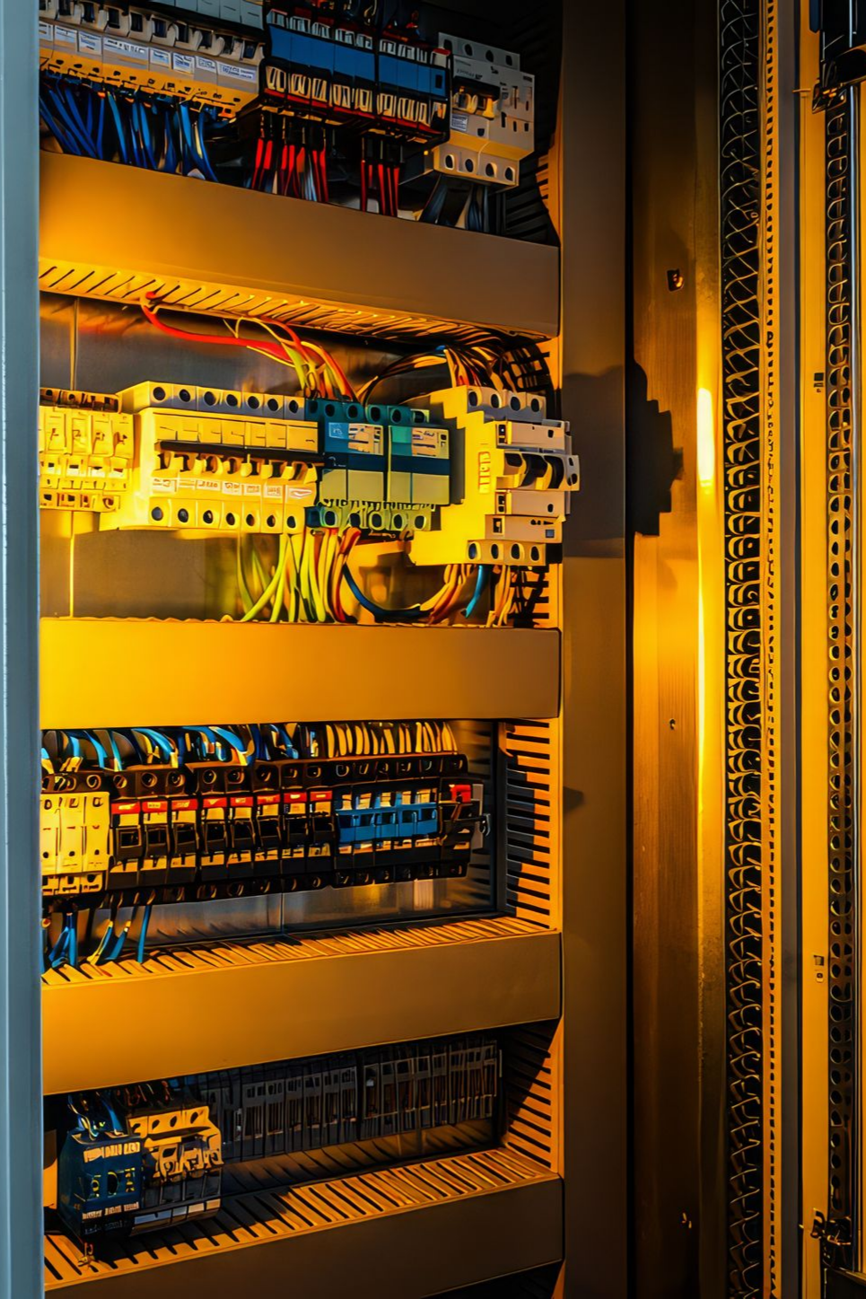 Panneau de commande avec composants électriques et câblage, éclairé par une lumière jaune chaude.