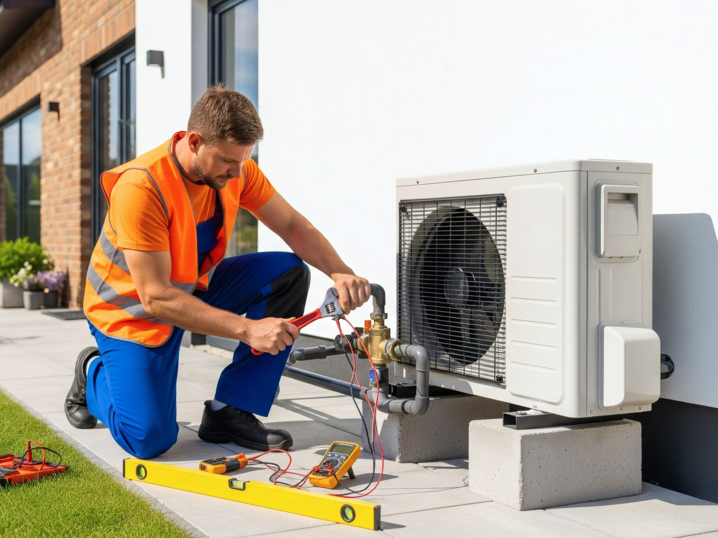 Technicien CVC travaillant sur un climatiseur extérieur ; utilisant une clé et portant un gilet orange.