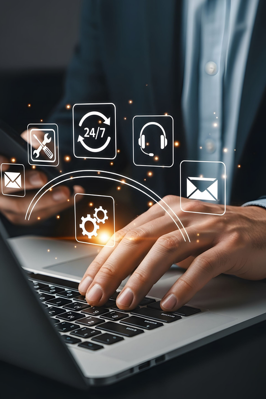 Personne utilisant un ordinateur portable avec des icônes de service client numériques superposées.