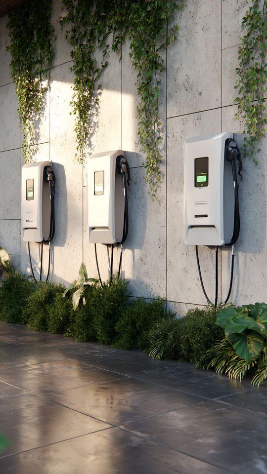 Trois bornes de recharge pour véhicules électriques fixées sur un mur en béton, avec de la verdure.
