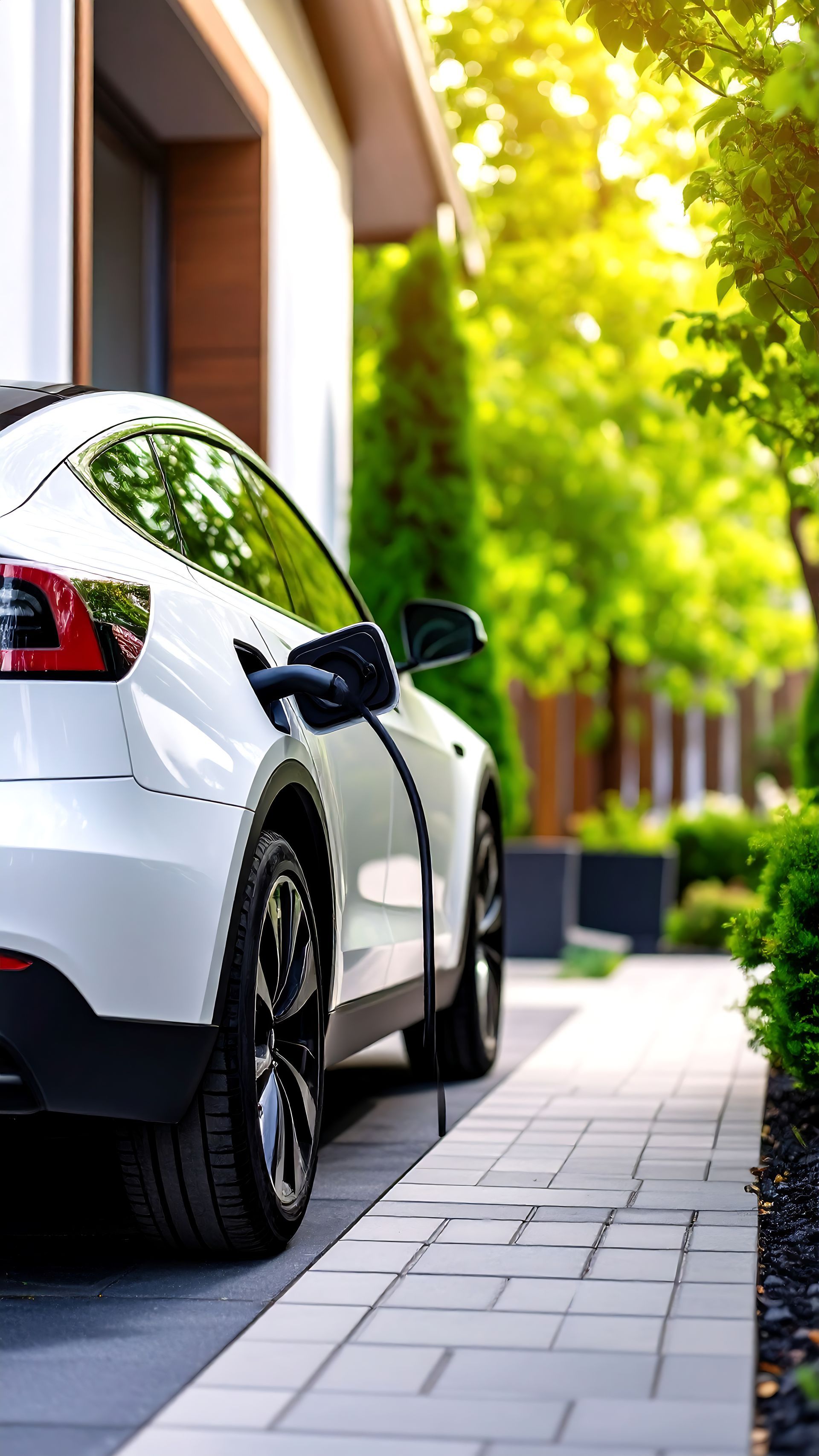 Voiture électrique blanche en charge dans une allée, à côté d'une maison entourée d'arbres et baignée de soleil.