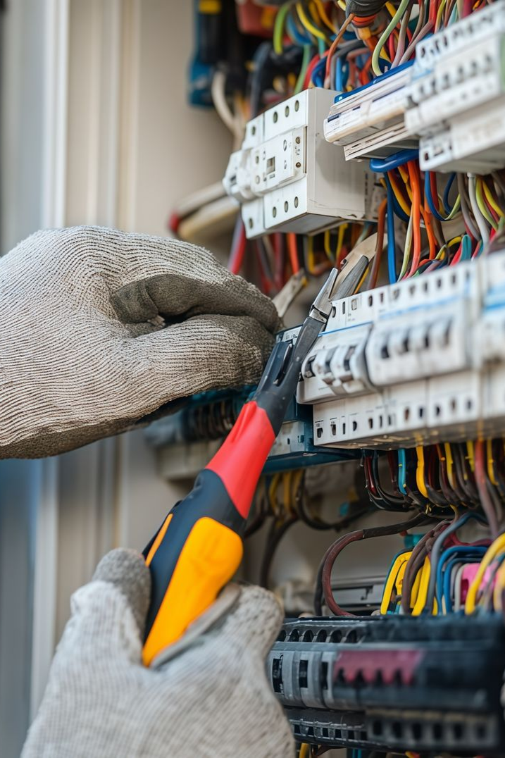 Les mains gantées d'un électricien utilisent un tournevis sur un panneau de fils électriques et de disjoncteurs.