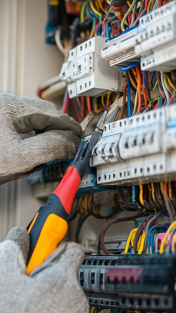 Gros plan sur les mains gantées d'un électricien manipulant des fils électriques à l'aide d'une pince. Outil jaune, rouge et noir, fils de couleurs variées.
