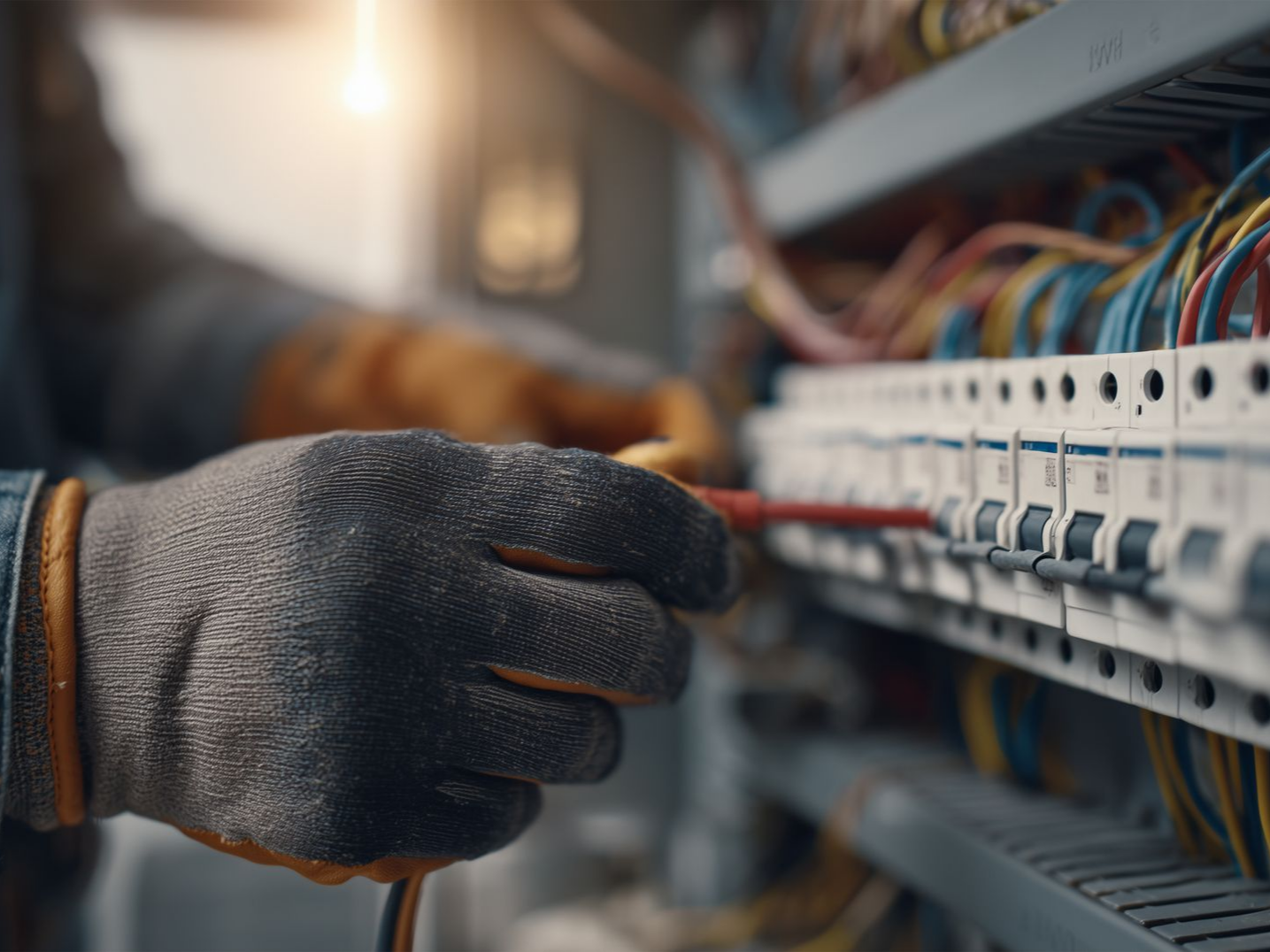 Une personne portant des gants de travail utilise un tournevis sur un panneau électrique ; des fils et des disjoncteurs sont visibles.