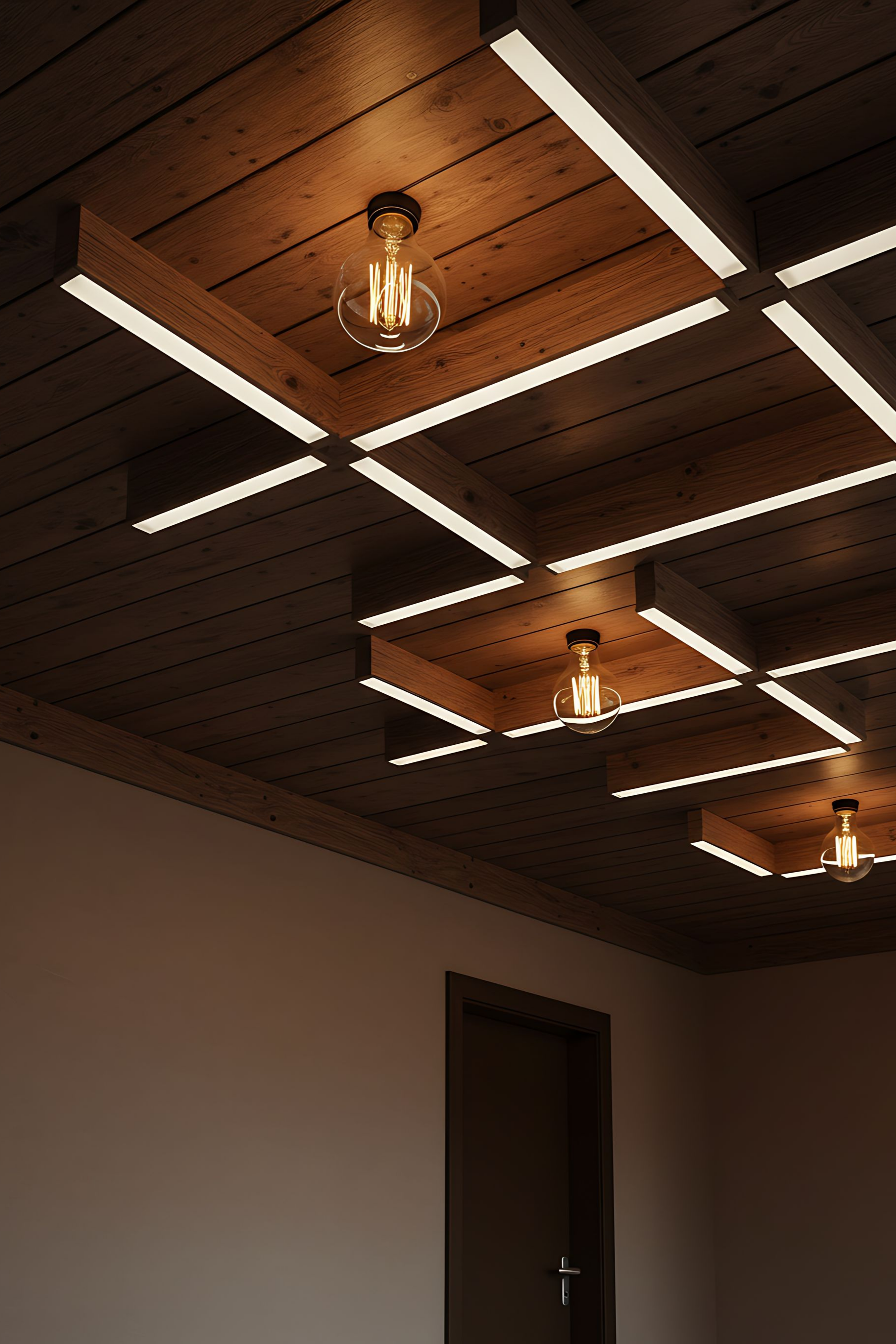Plafond en bois avec éclairage encastré et luminaires à ampoules apparentes, au-dessus d'une porte dans une pièce.