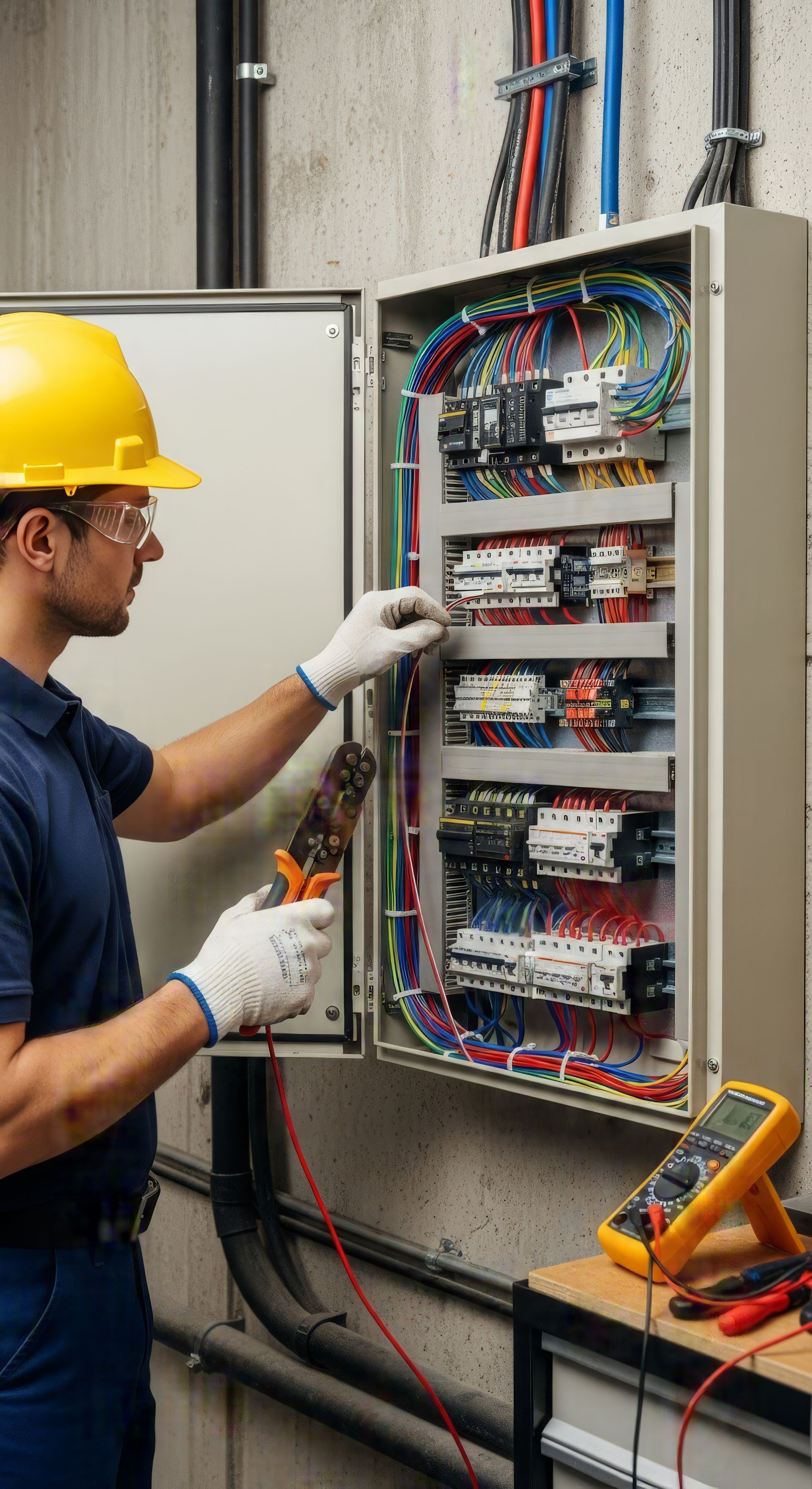 Un électricien portant un casque et des gants jaunes travaille sur un panneau de commande avec des outils.