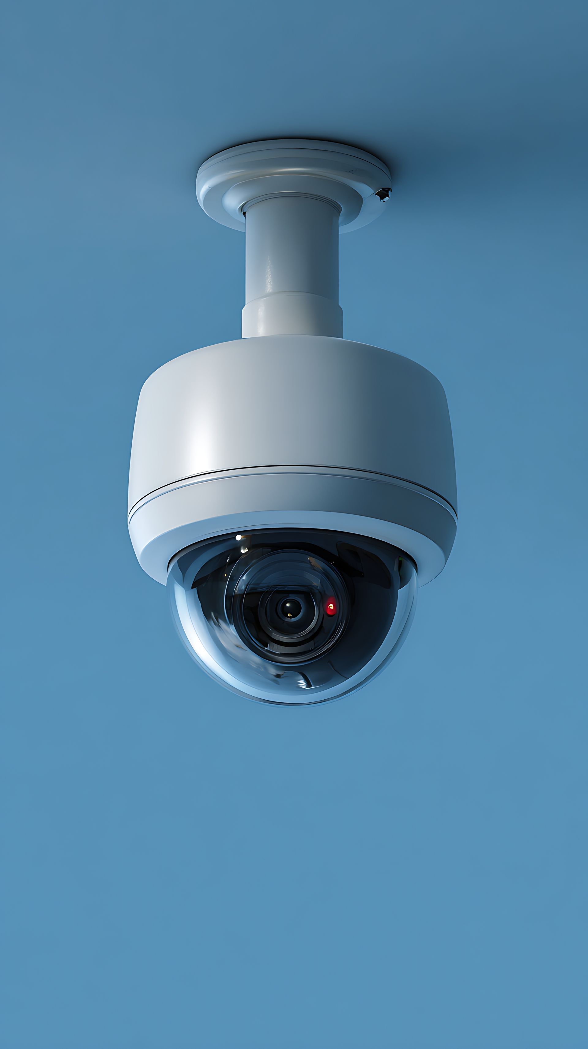 Caméra de sécurité blanche fixée sur un plafond bleu clair.