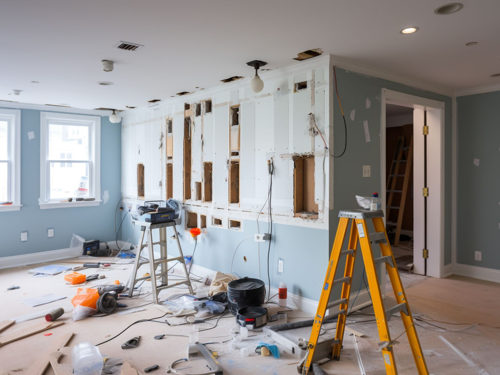 Pièce en travaux, avec des montants muraux apparents, des outils et des échelles éparpillés un peu partout.