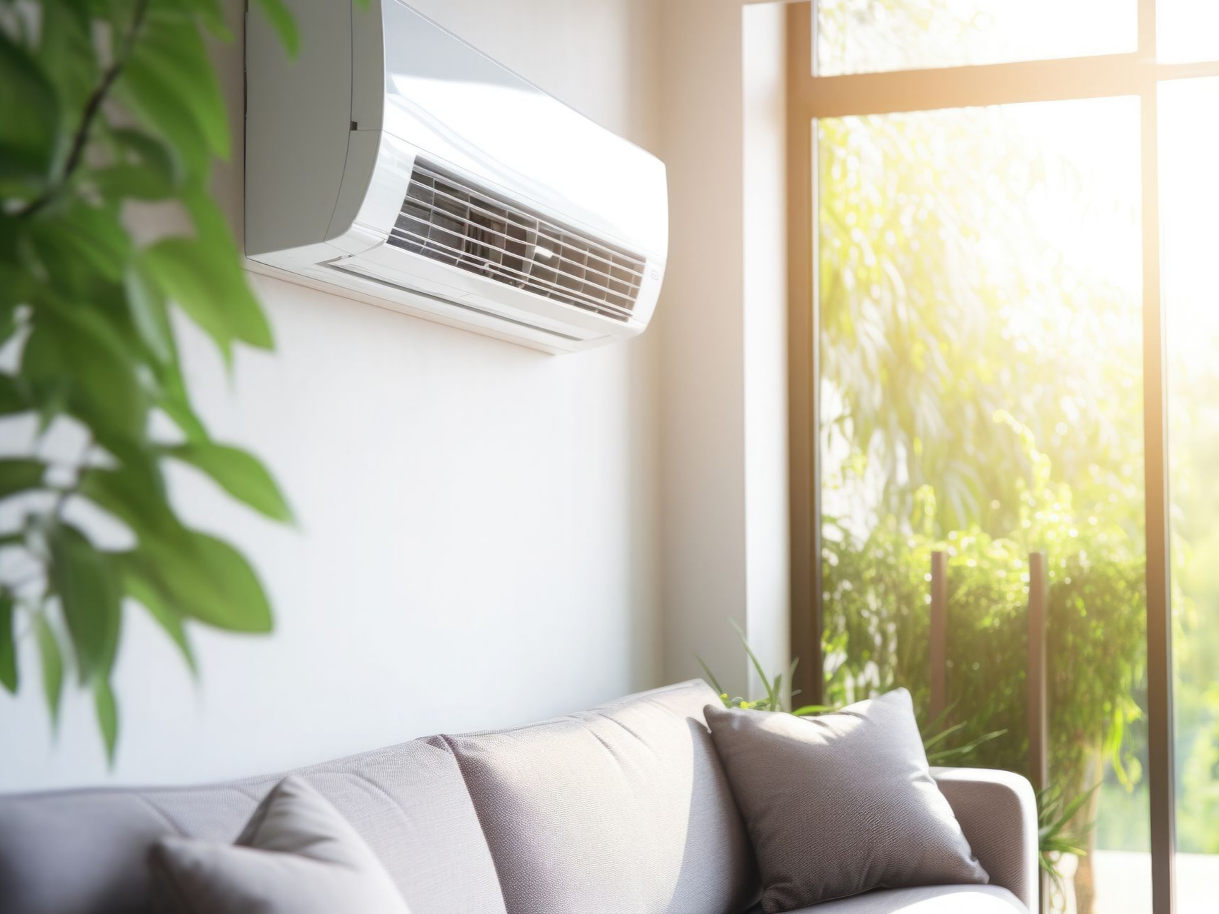 Un climatiseur blanc fixé au mur au-dessus d'un canapé gris, près d'une fenêtre ensoleillée donnant sur de la verdure.