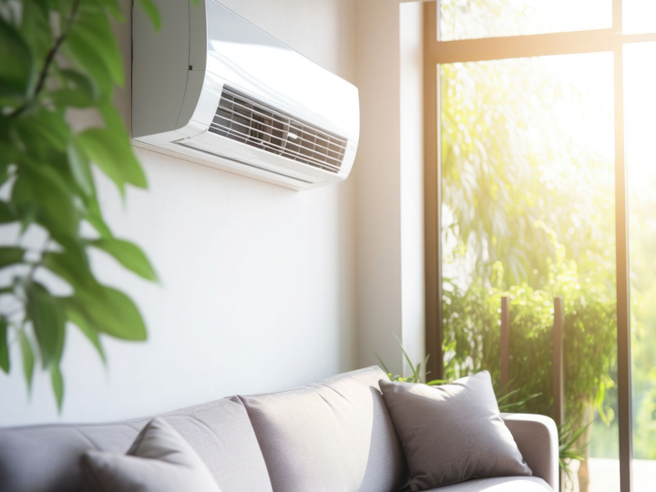 Un climatiseur blanc fixé au mur au-dessus d'un canapé gris, près d'une fenêtre ensoleillée donnant sur de la verdure.