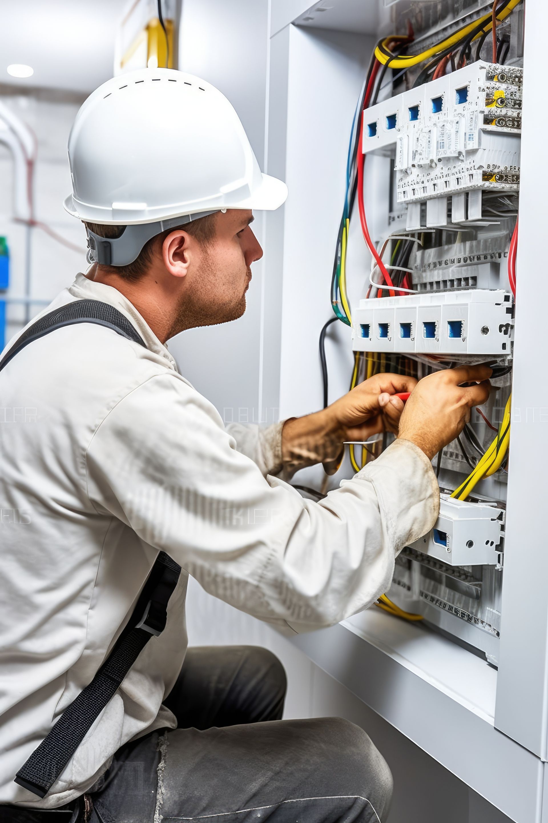 Électricien en casque blanc et salopette, travaillant sur un tableau électrique à l'aide d'outils.