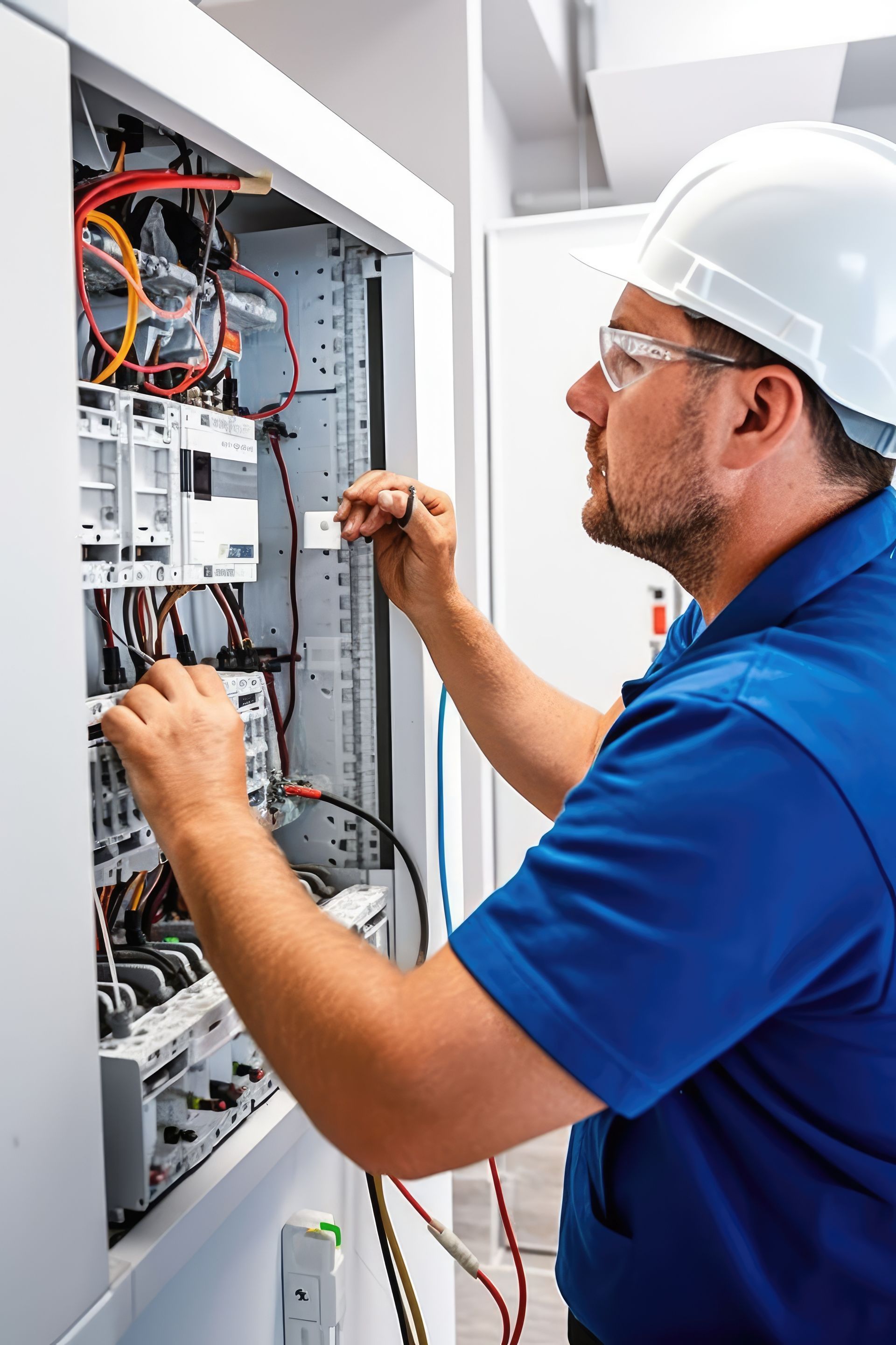 Un électricien en chemise bleue et casque de chantier travaille sur un panneau de commande, portant des lunettes de sécurité.