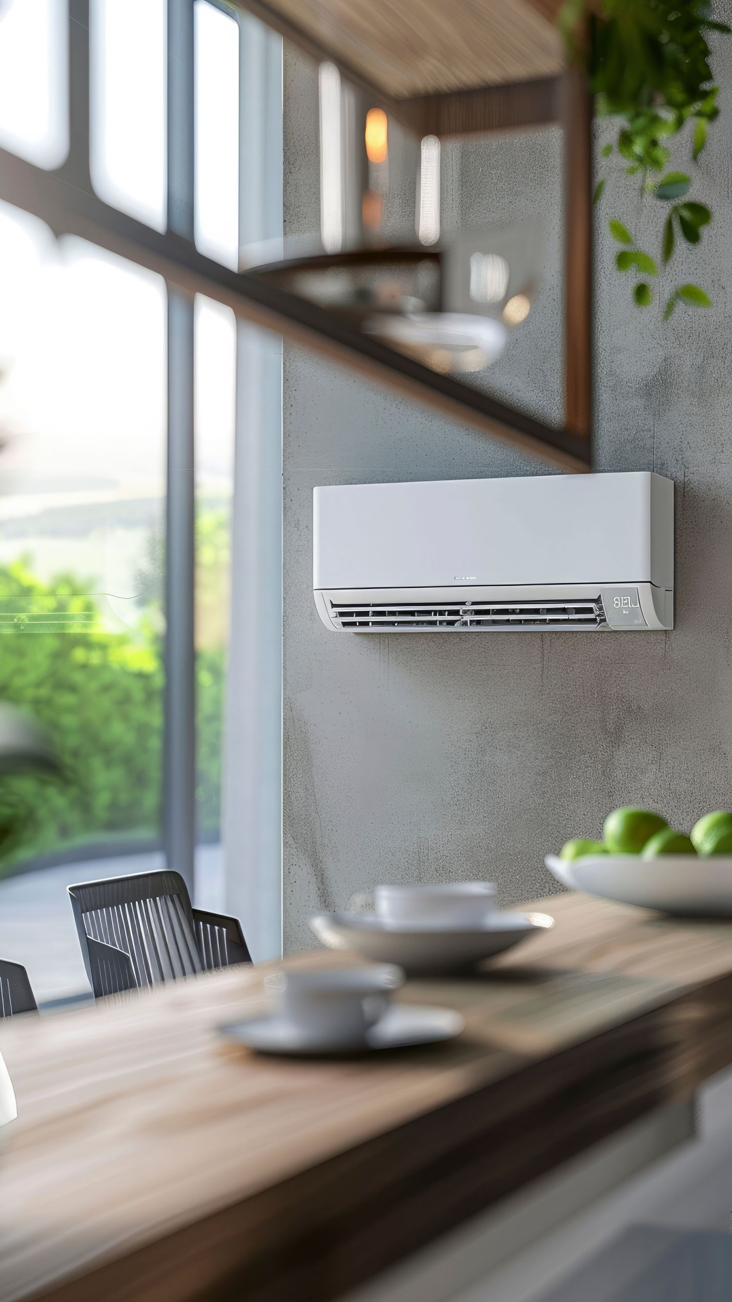 Un climatiseur blanc sur un mur gris texturé, près d'une table en bois avec des fruits et de la vaisselle.