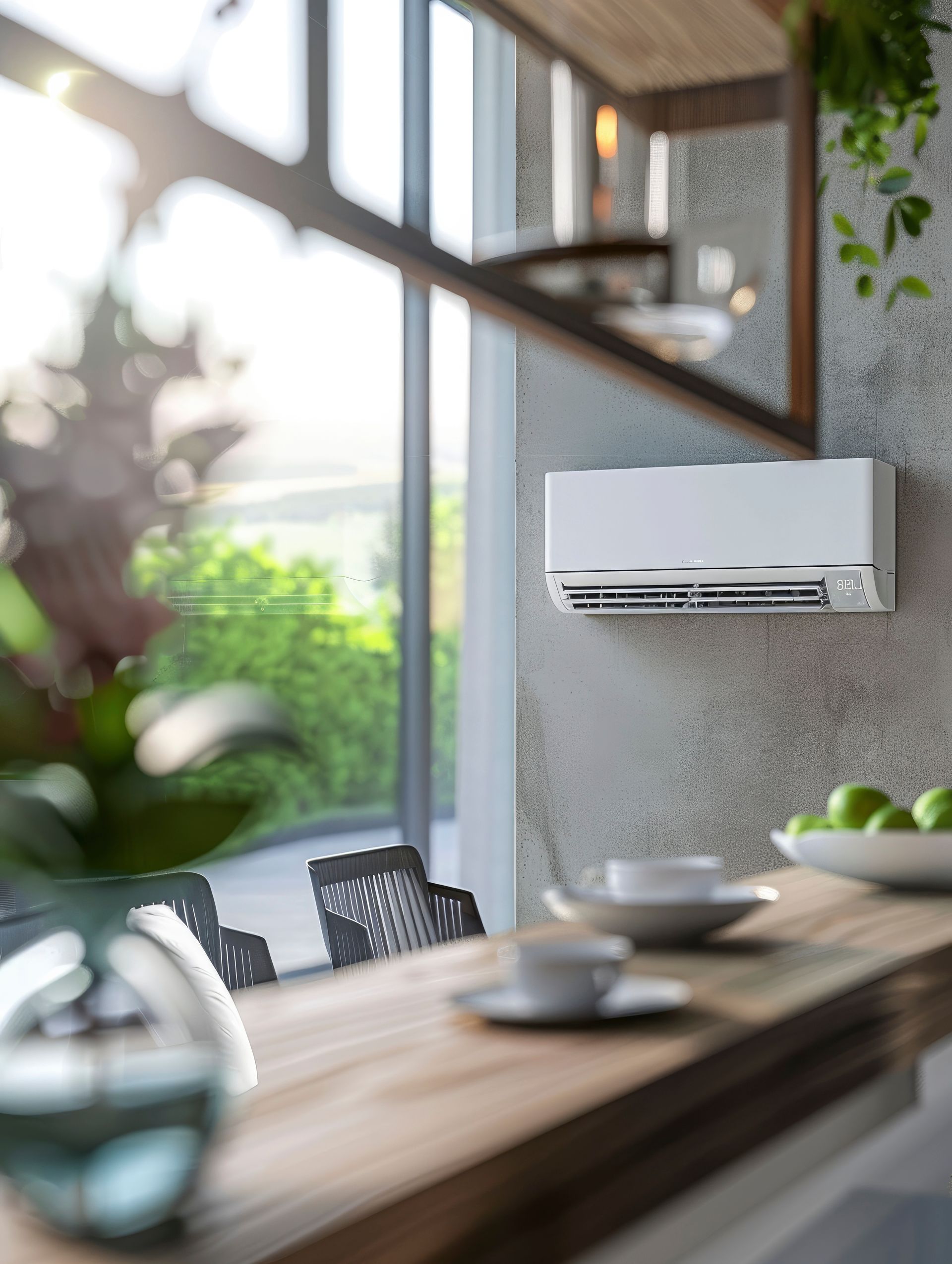 Climatiseur blanc fixé sur un mur en béton à l'intérieur, près d'une table et d'une fenêtre avec vue.