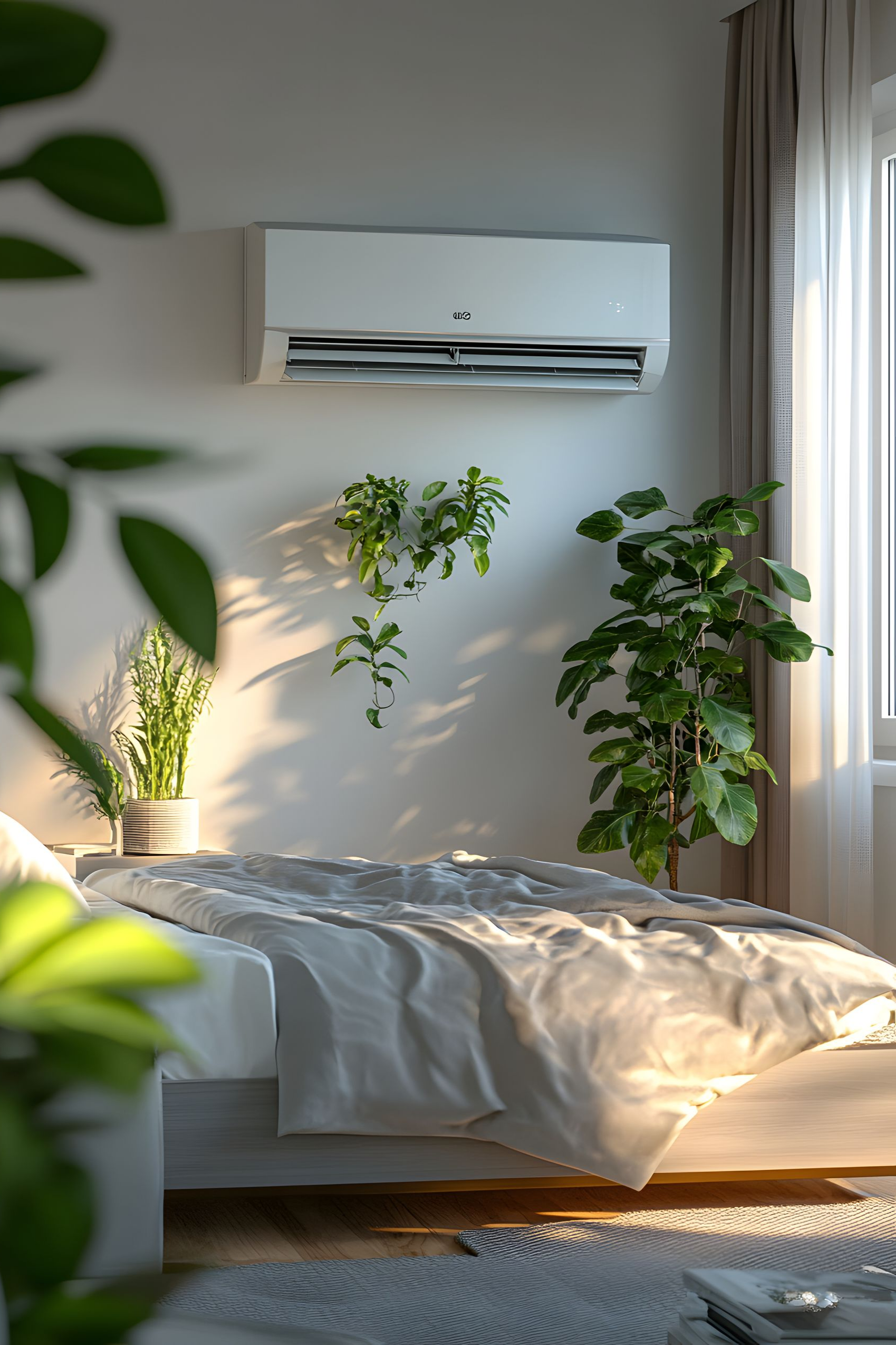 Chambre avec lit, climatisation, plantes sur un mur blanc. La lumière du soleil entre par la fenêtre.