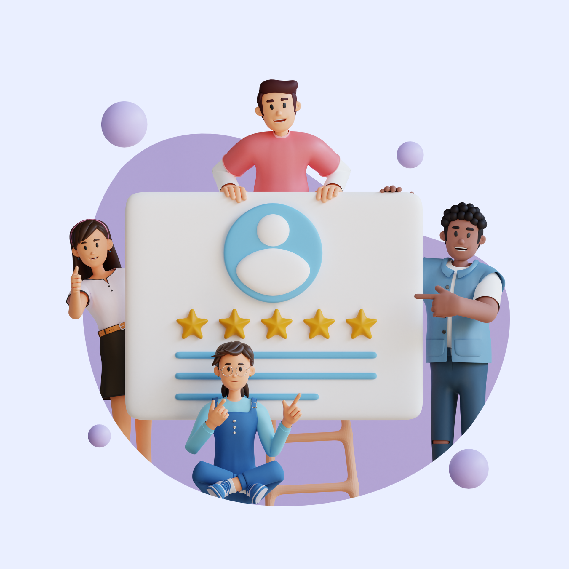 Des personnes tenant une pancarte avec une icône de profil, cinq étoiles et des lignes d'avis.