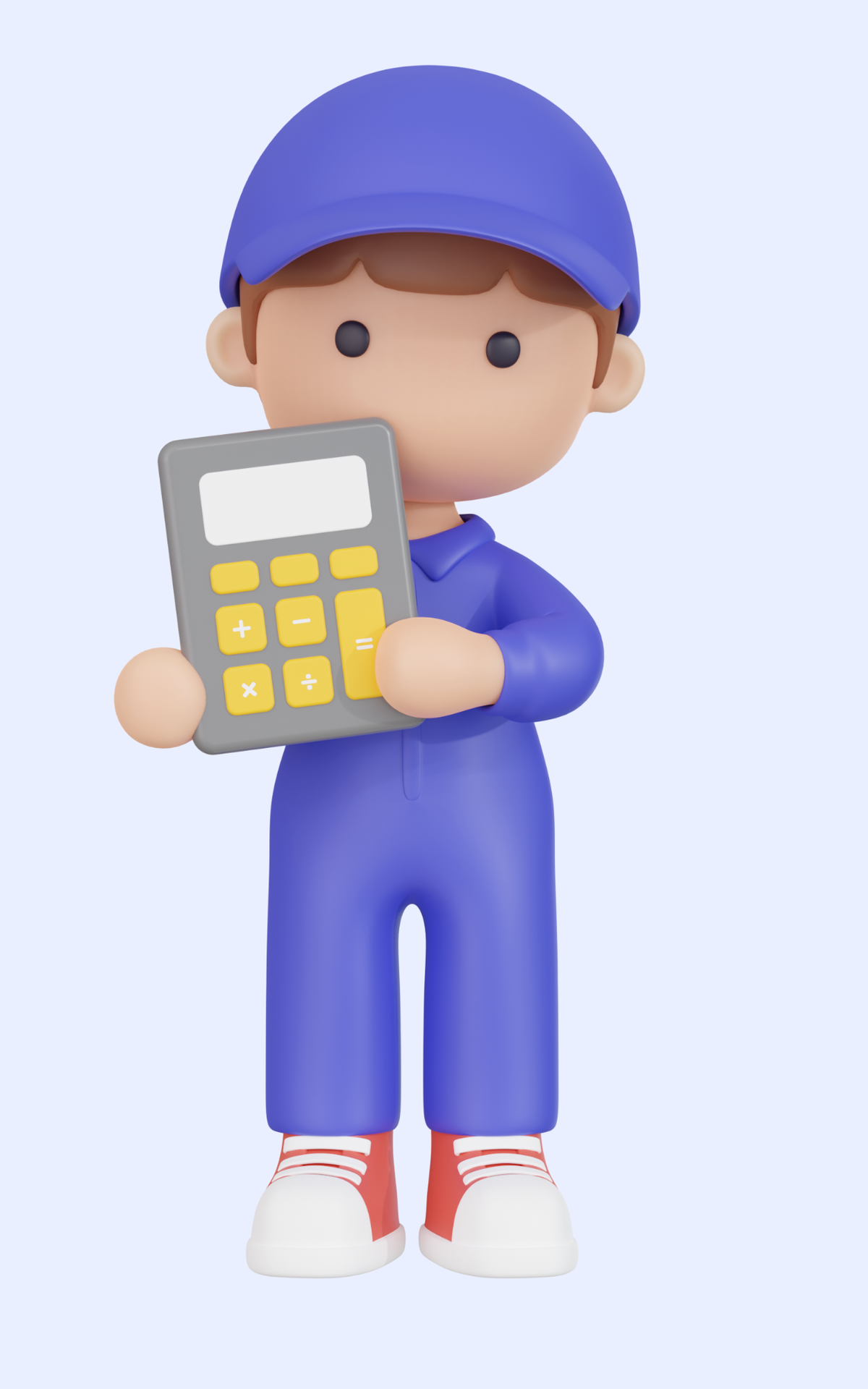 Personnage de dessin animé en combinaison bleue et casquette tenant une calculatrice.