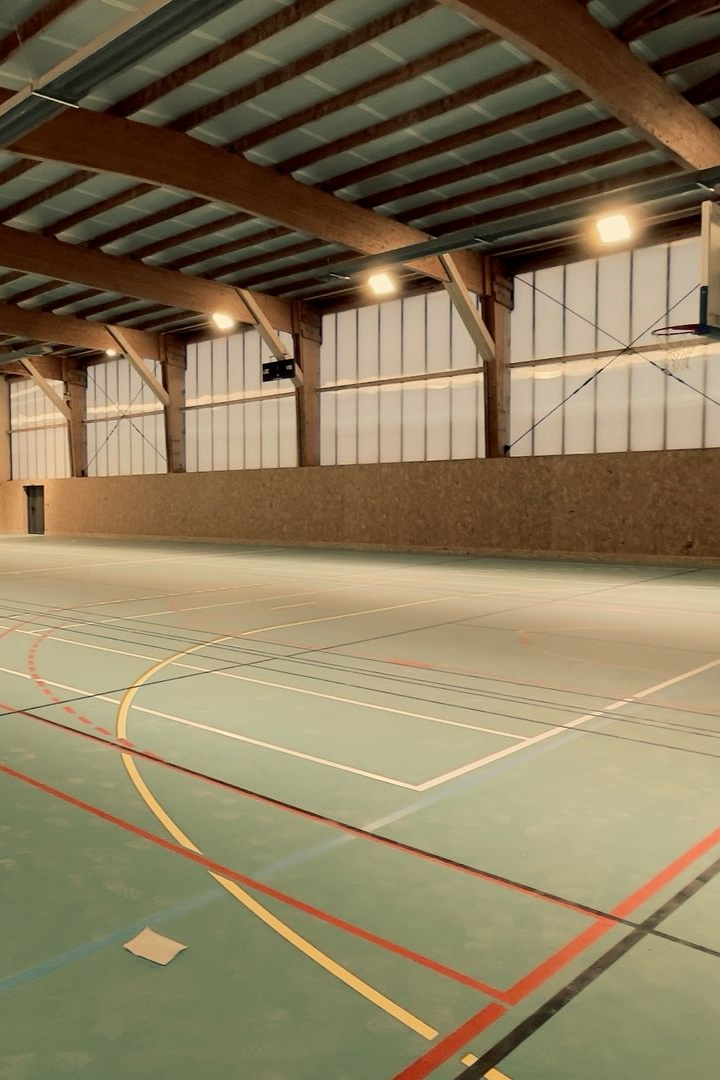 Salle de sport intérieure vide avec sol vert, poutres en bois et lignes de terrain.