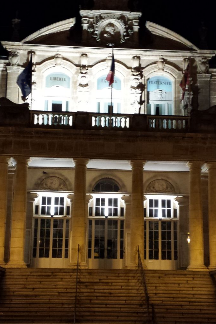 Vue nocturne d'un bâtiment orné et illuminé, avec des colonnes, des escaliers et des drapeaux français.