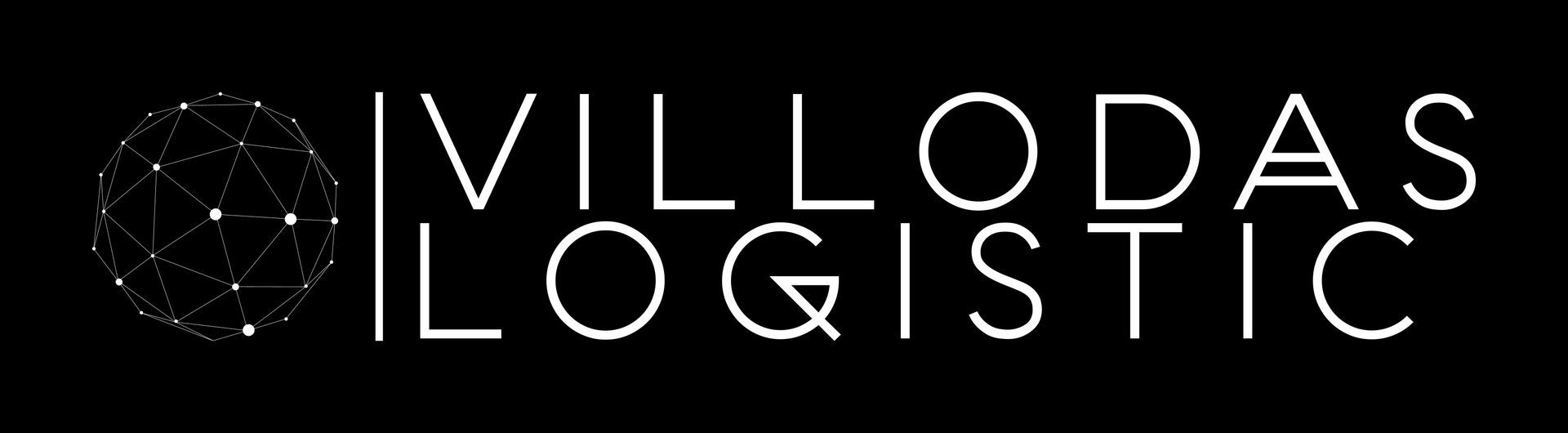 Logotipo: Texto blanco “VILLODAS LOGISTIC” con gráfico de un globo terráqueo sobre fondo negro.