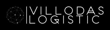 Logotipo: Texto blanco “VILLODAS LOGISTIC” con gráfico de un globo terráqueo sobre fondo negro.