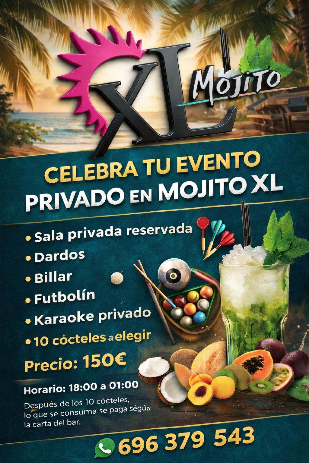Un folleto promocional de Mojito XL con un fondo de playa, una lista de juegos para fiestas, el cóctel, la fruta, los precios y un número de teléfono.