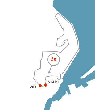 Kartengrafik mit einer Route von START nach ZIEL, mit einer 2x-Markierung und einem roten Zielpunkt.