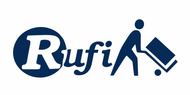 Logotipo de Rufi en azul marino con una persona empujando una carretilla que lleva una caja.