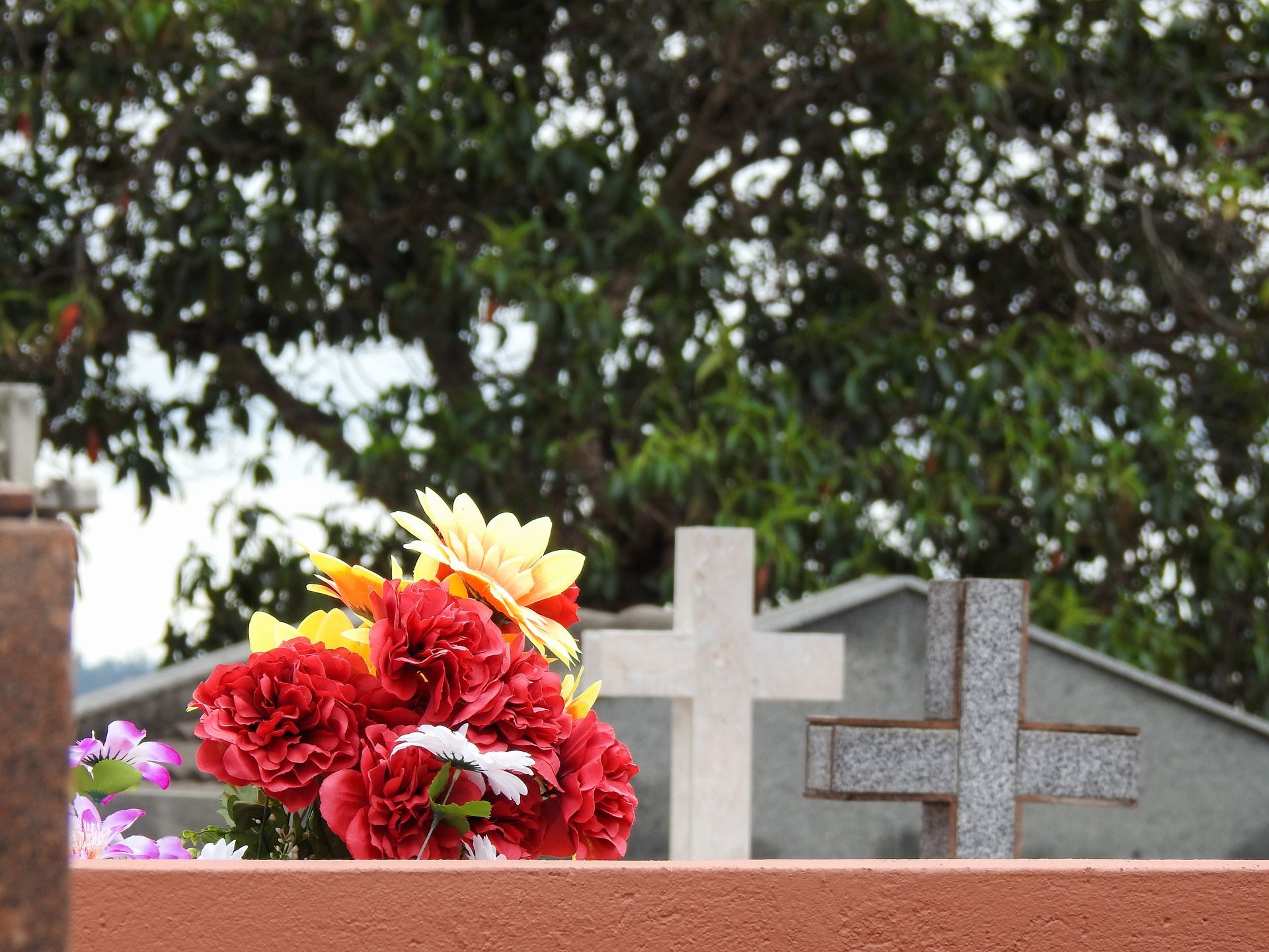Fleurs artificielles rouges et jaunes