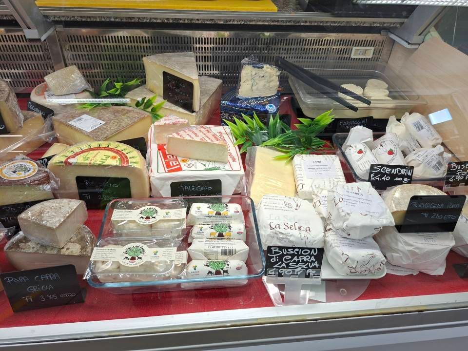 Esposizione di formaggi in una vetrina refrigerata. Formaggi di diverse forme e dimensioni sono disposti in modo ordinato e segnalato.