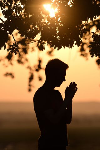 Silhouette d'une personne priant sous les branches d'un arbre au coucher du soleil, au bord de l'eau