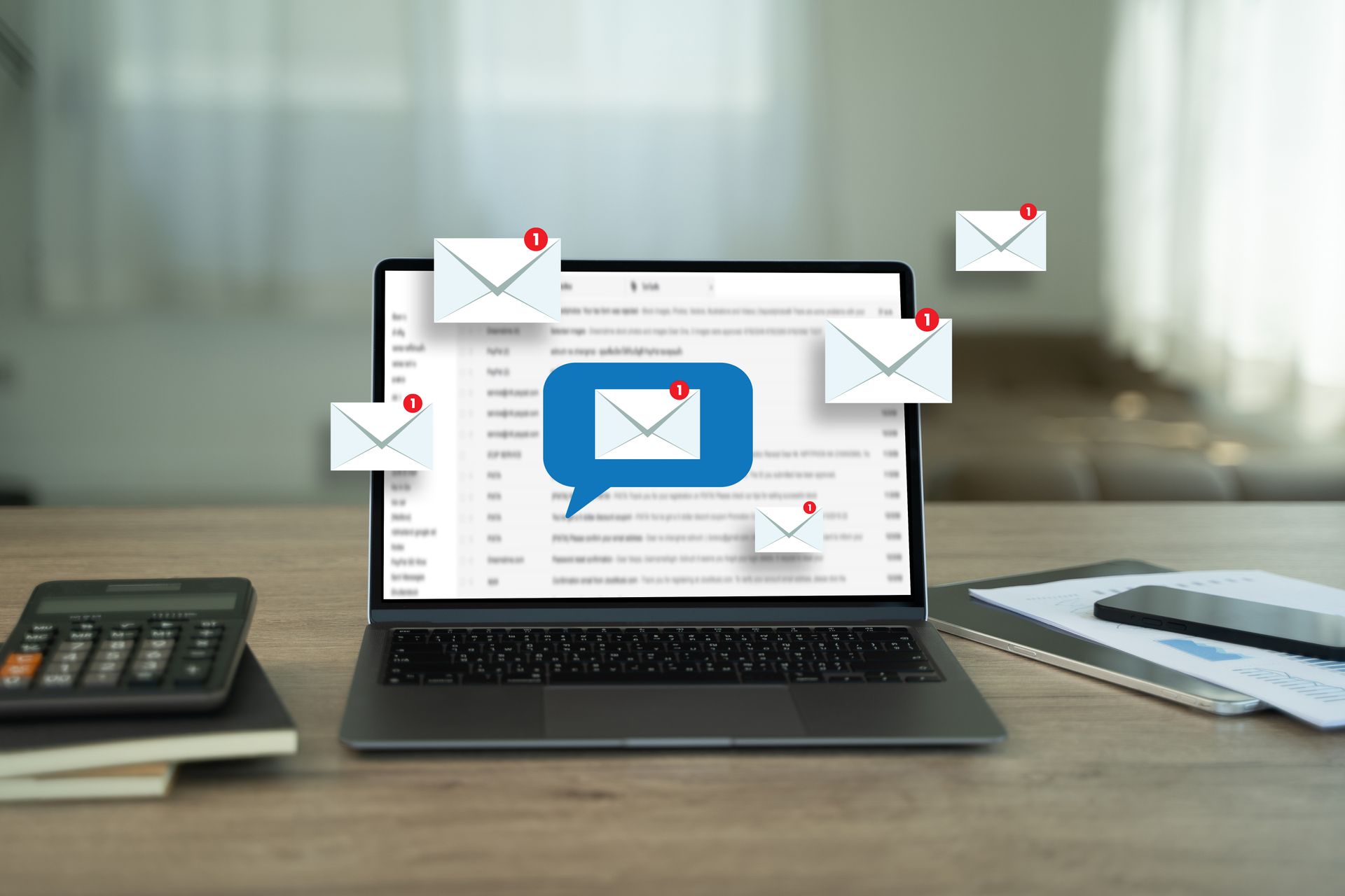 Un ordinateur portable posé sur un bureau, avec des icônes d’e-mail flottant