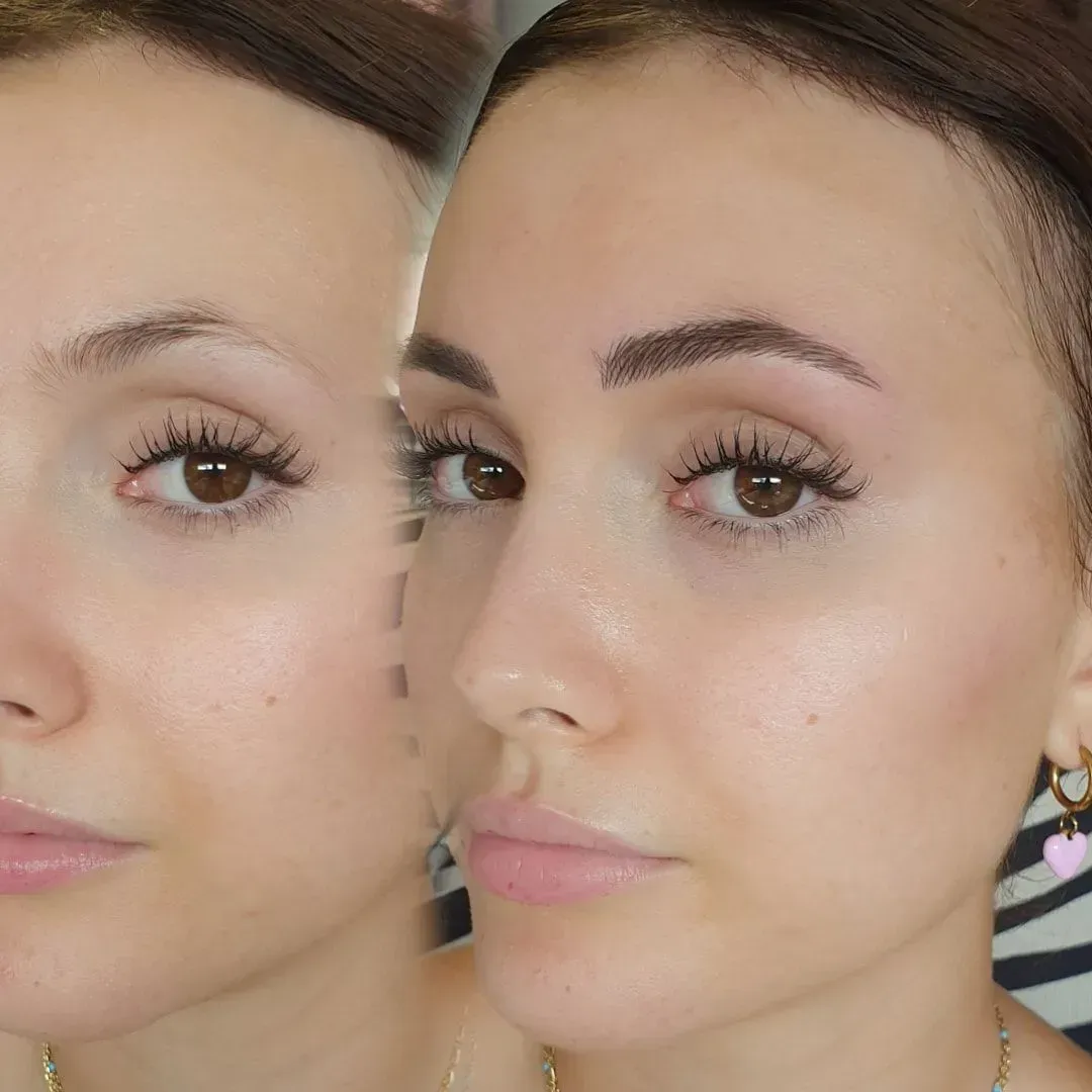 Avant et après du maquillage des sourcils d'une femme aux yeux marron foncé