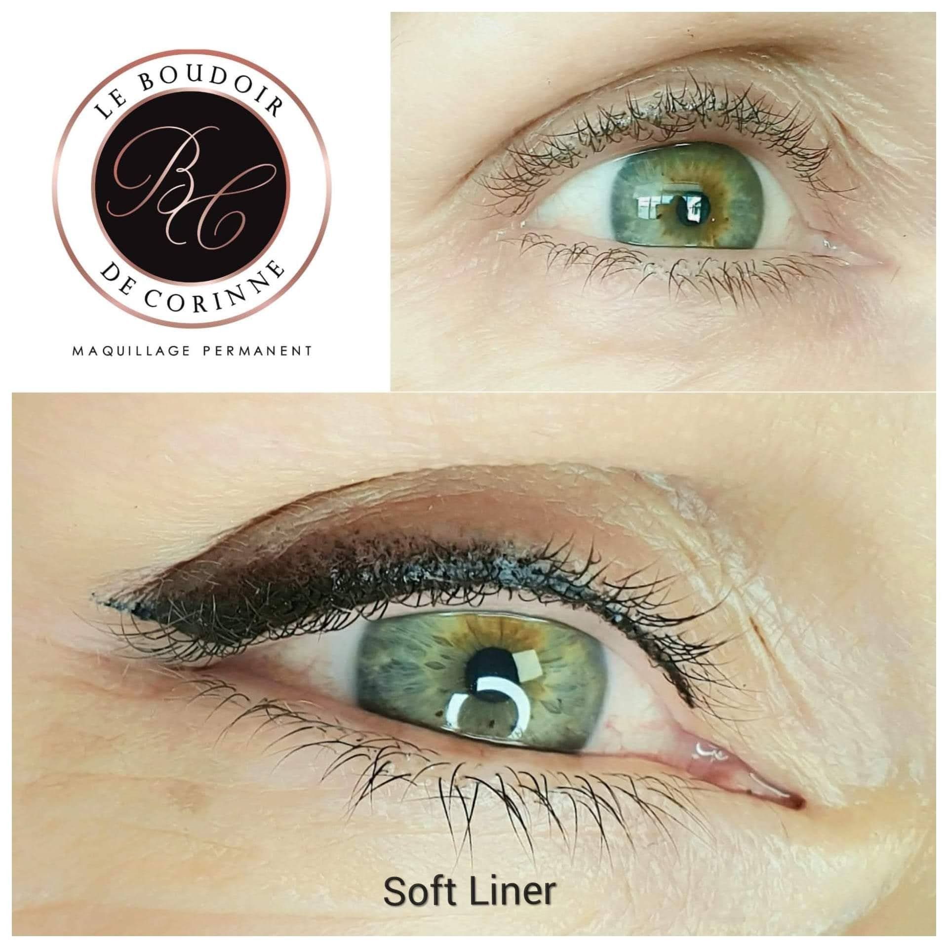 Gros plan sur un maquillage des yeux avec un trait d'eyeliner noir discret et le logo de la marque