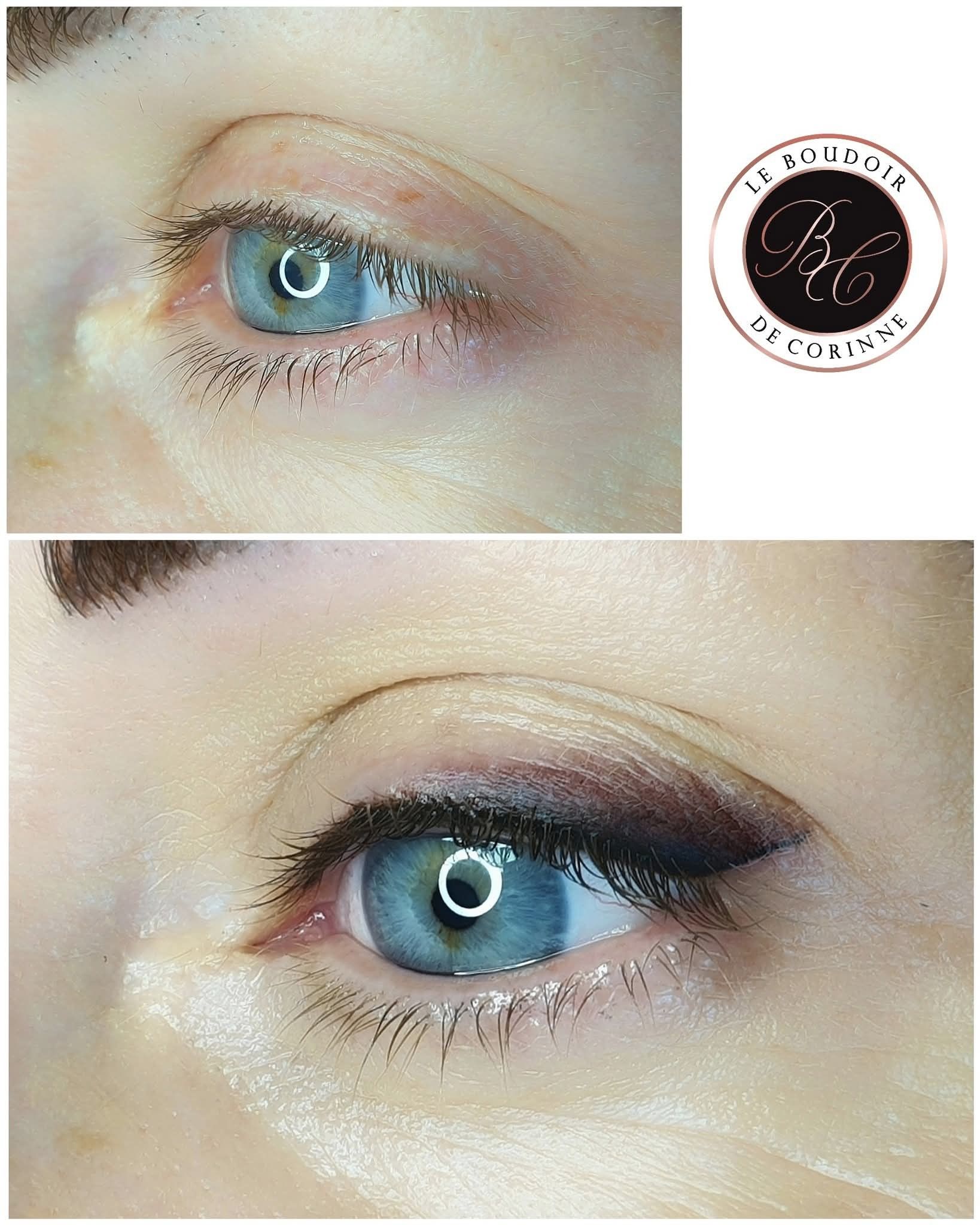 Gros plan sur un œil bleu avec un trait d'eyeliner noir spectaculaire, présenté en deux gros plans de maquillage.