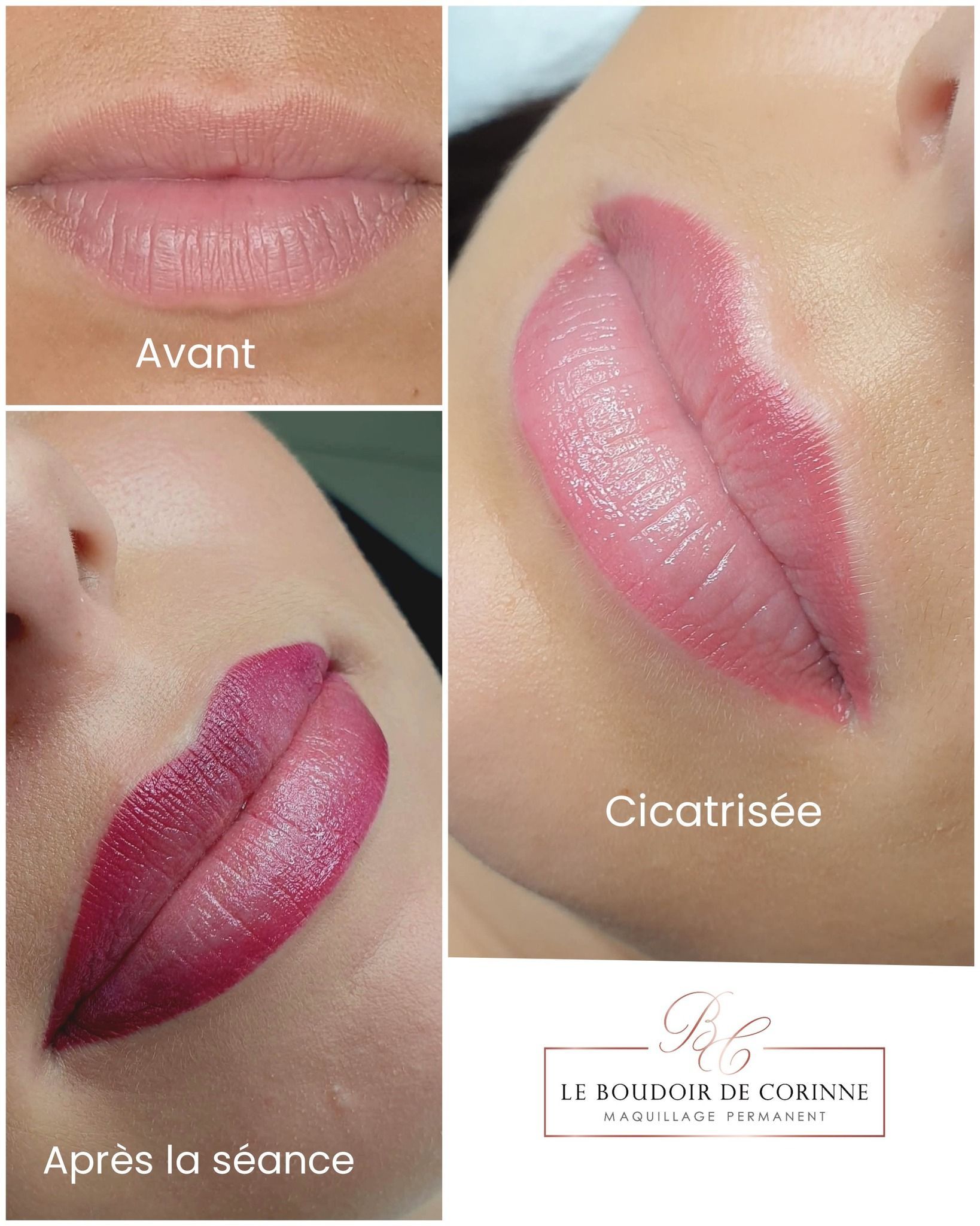 Maquillage des lèvres avant et après : lèvres naturelles, transformation en bordeaux brillant et résultat final après cicatrisation.