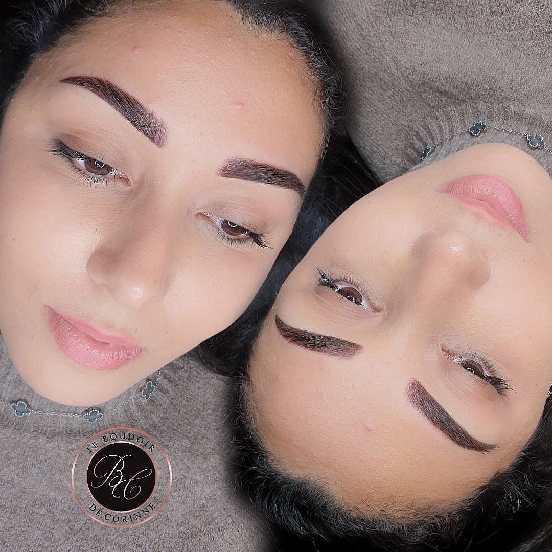 Visage d'une femme avant et après du maquillage permanent des sourcils 