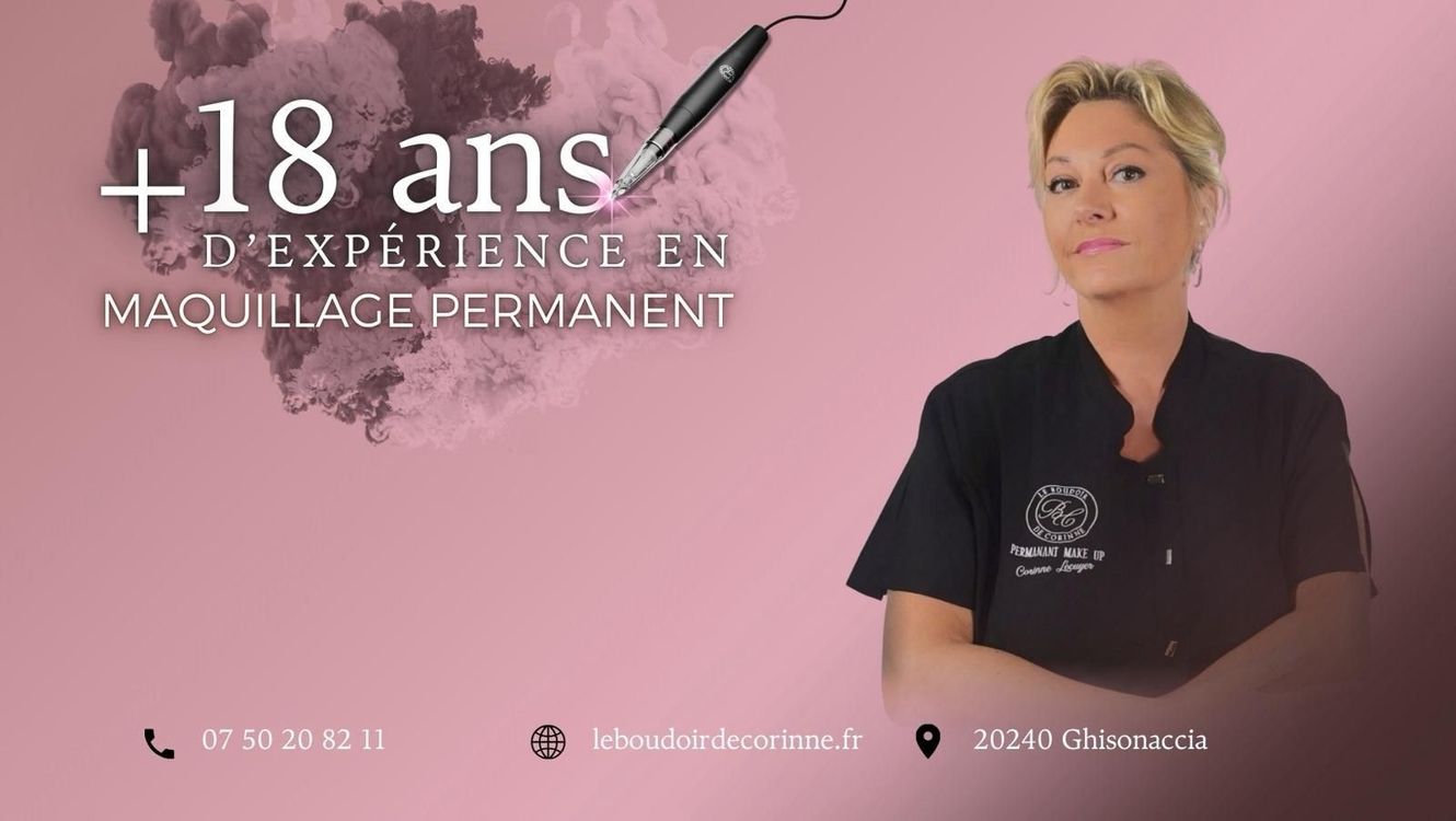 Bannière publicitaire rose pour le maquillage permanent, avec une professionnelle souriante en uniforme noir et le texte « +18 ans ».