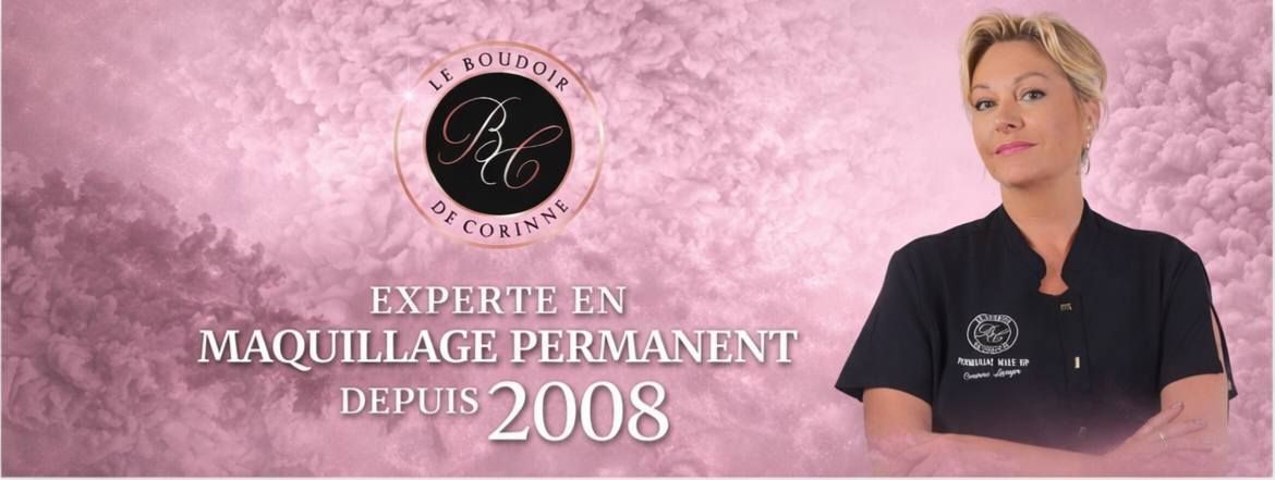 Bannière publicitaire rose pour « Expert en Maquillage Permanent » avec une femme à droite et le texte « Depui 2008 »
