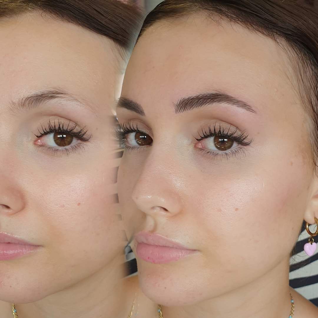 Maquillage permanent des sourcils sur une femme aux yeux vert clair 
