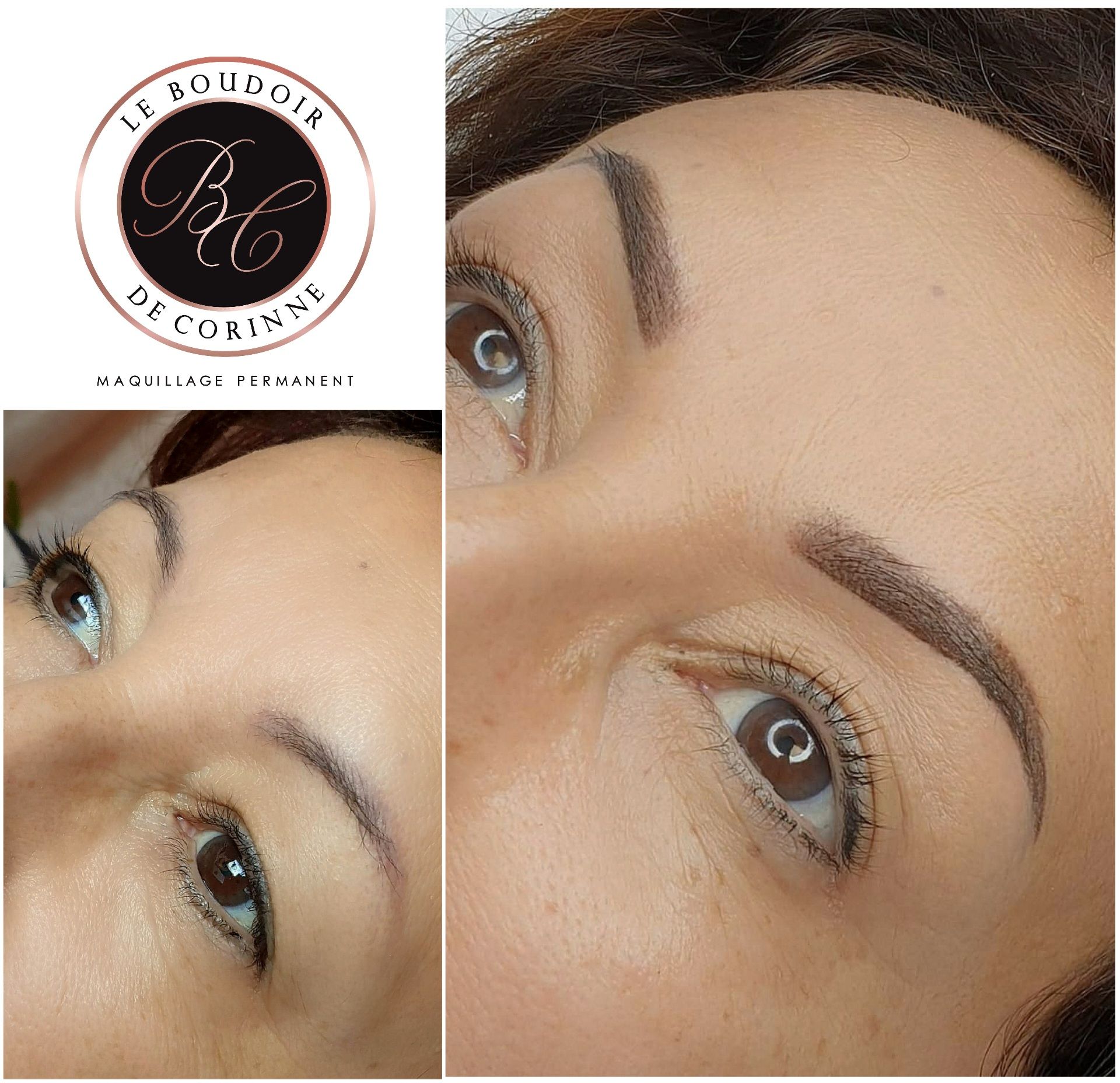 Collage d'un maquillage des yeux et des sourcils en gros plan, avec un logo dans le coin.