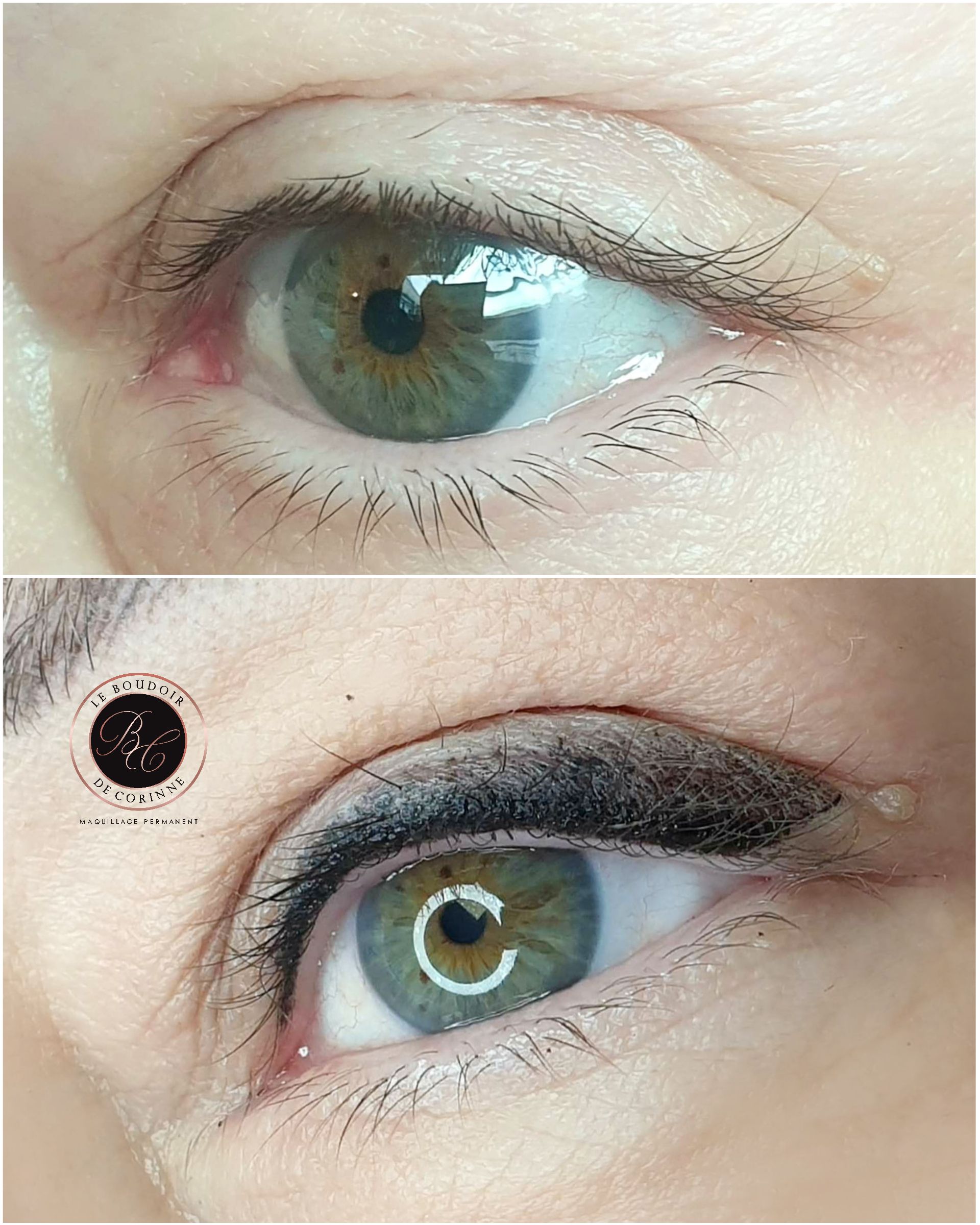 Gros plan sur un œil noisette avant et après maquillage, montrant un trait d'eye-liner noir intense et un fard à paupières foncé.
