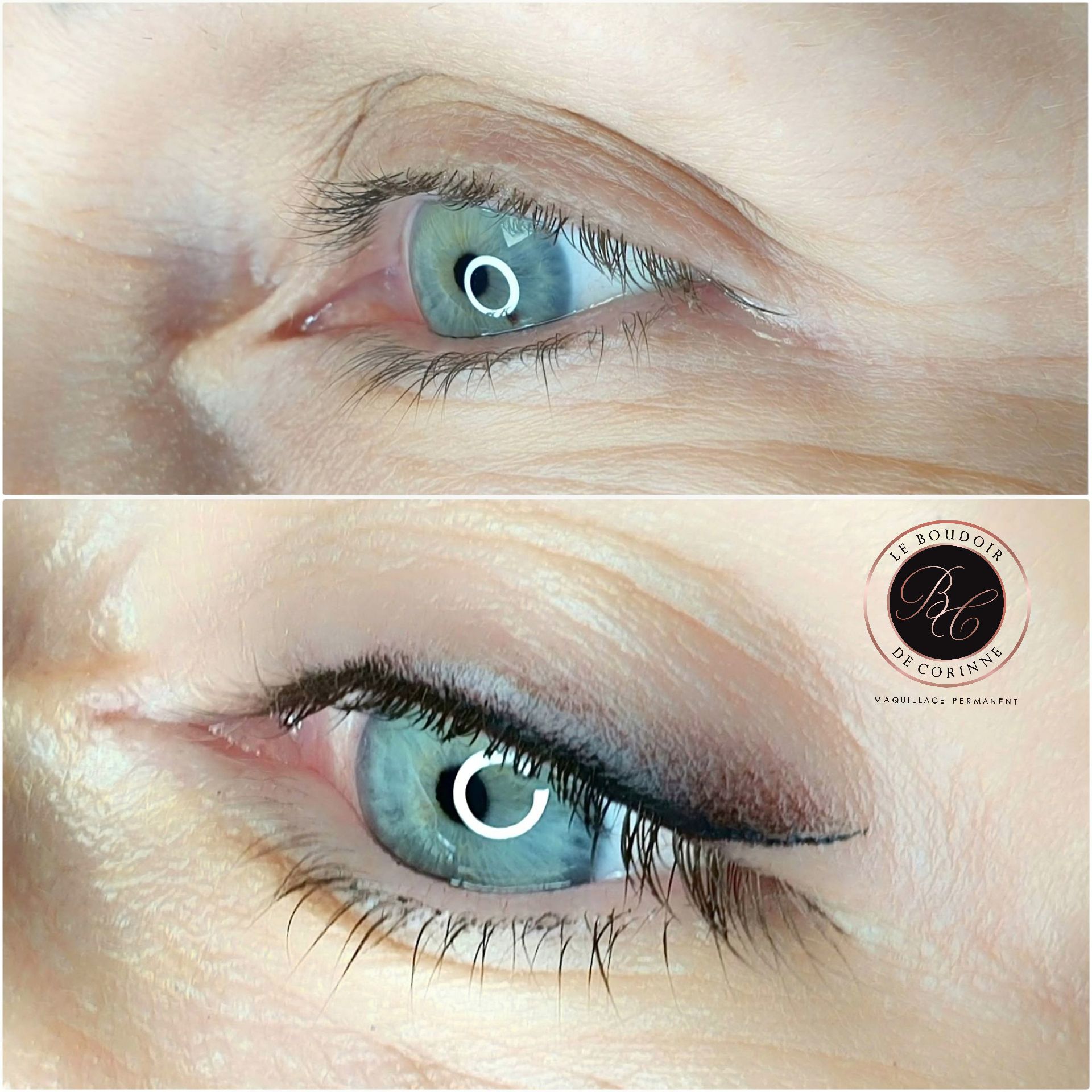 Gros plan d'un œil bleu maquillé d'un smoky eye et de longs cils, présenté en deux vues côte à côte.
