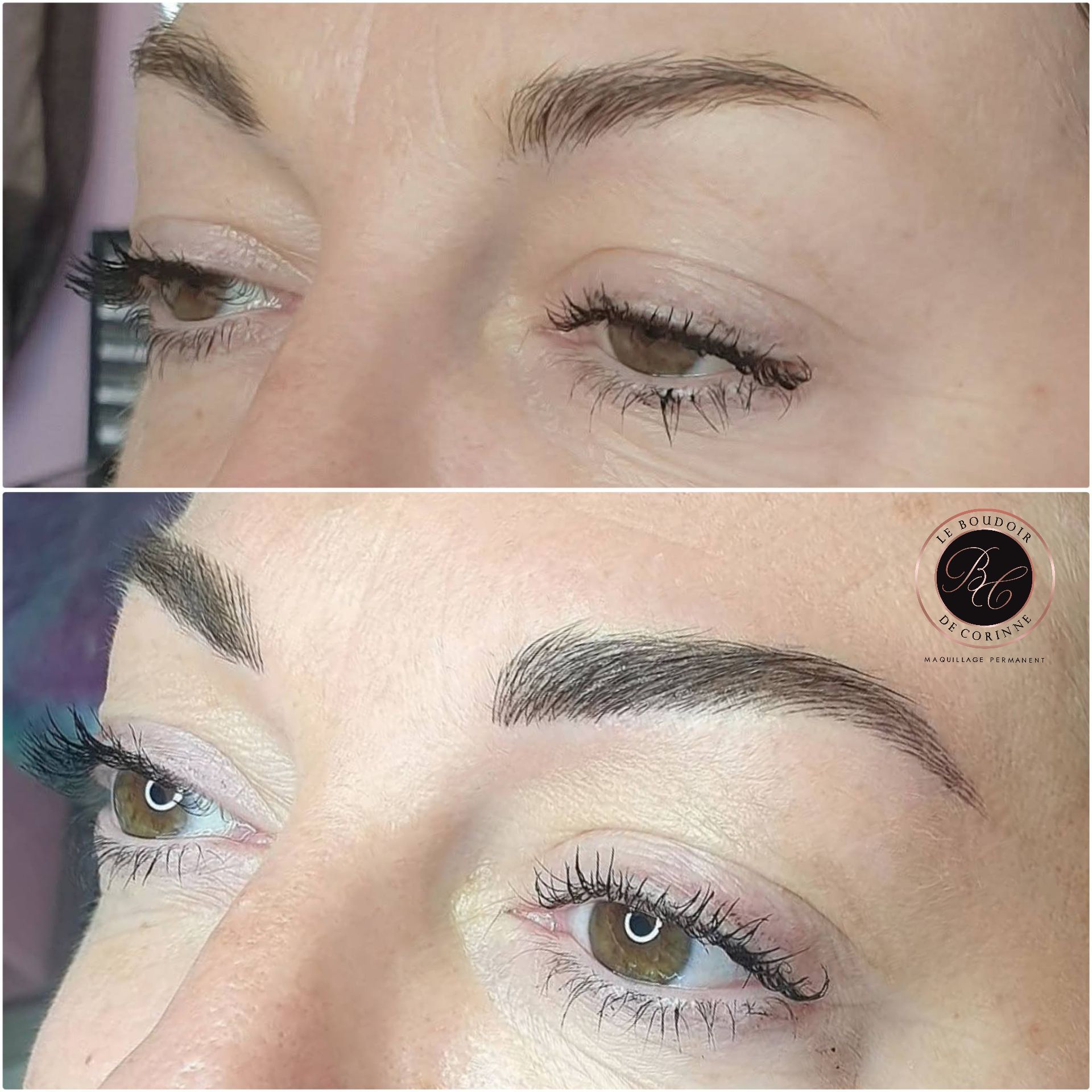 Gros plan sur les yeux avant et après teinture des sourcils et rehaussement des cils, montrant des sourcils plus fournis et des cils recourbés.