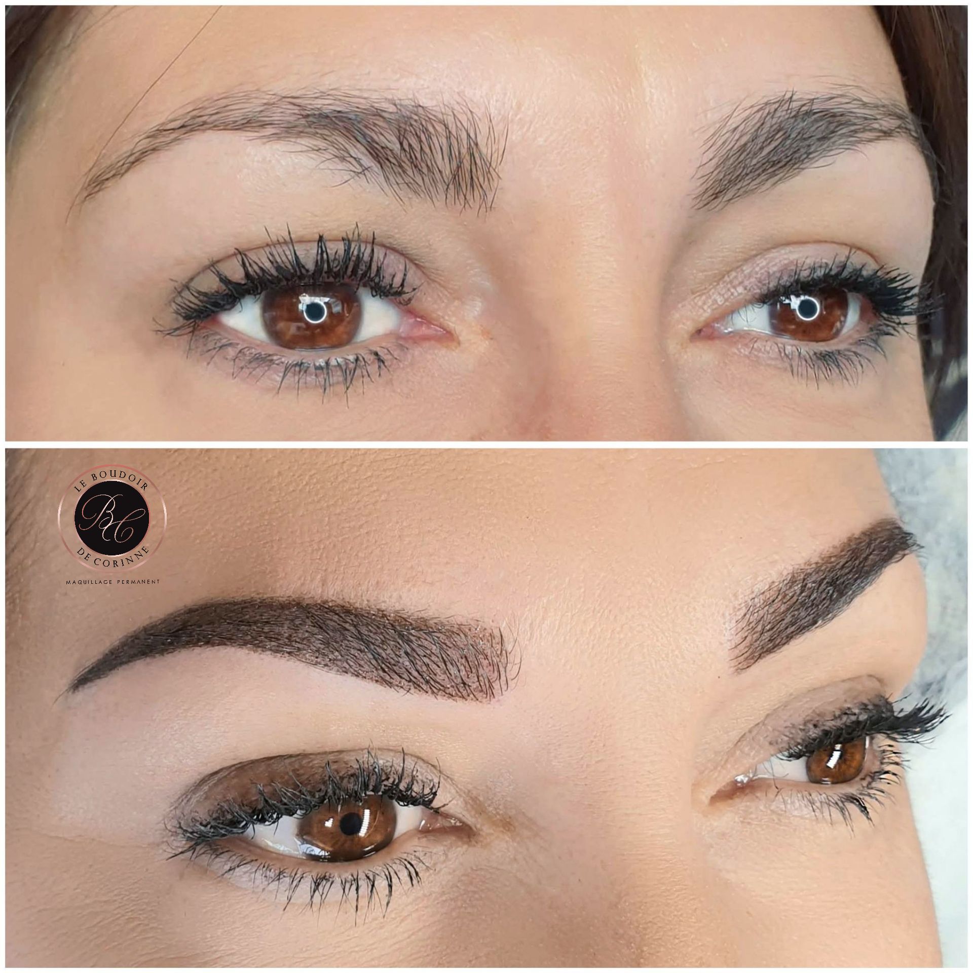 Gros plan avant et après la mise en forme et le maquillage des sourcils sur des yeux avec du mascara foncé.