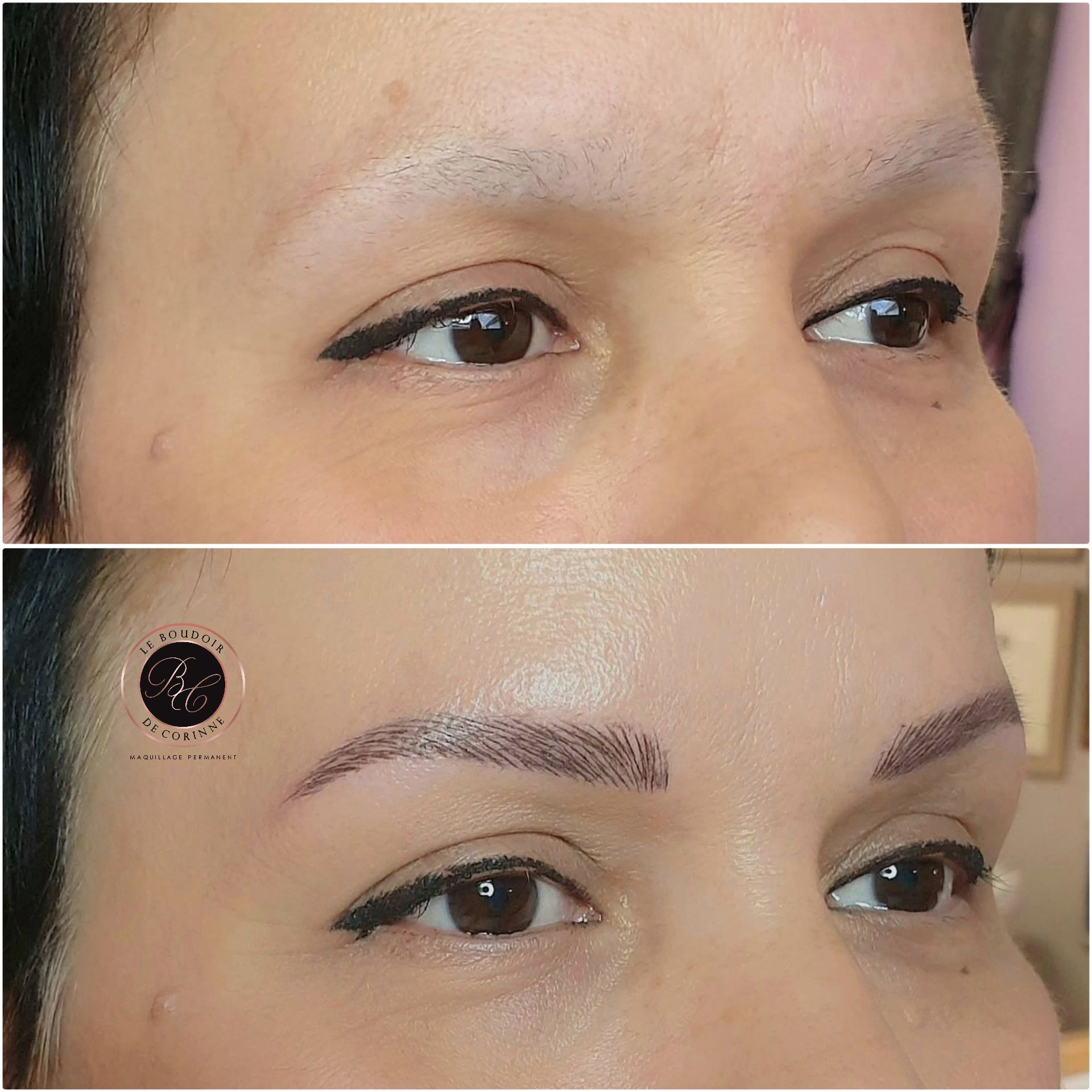 Gros plan avant/après des sourcils, montrant des sourcils clairsemés en haut et un maquillage foncé et défini en bas.